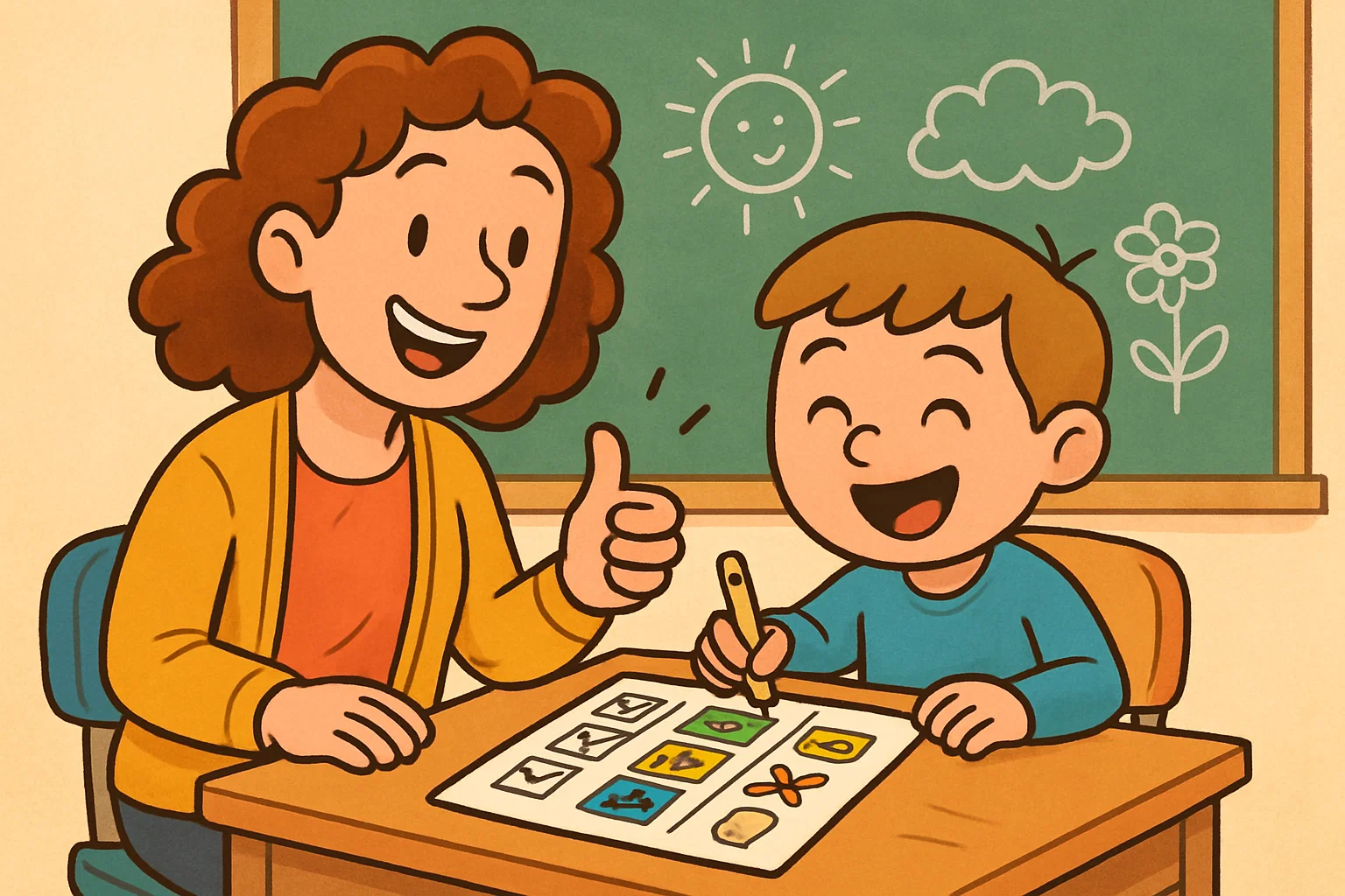 Teacher praising happy student completing worksheet in classroom setting with encouragement.