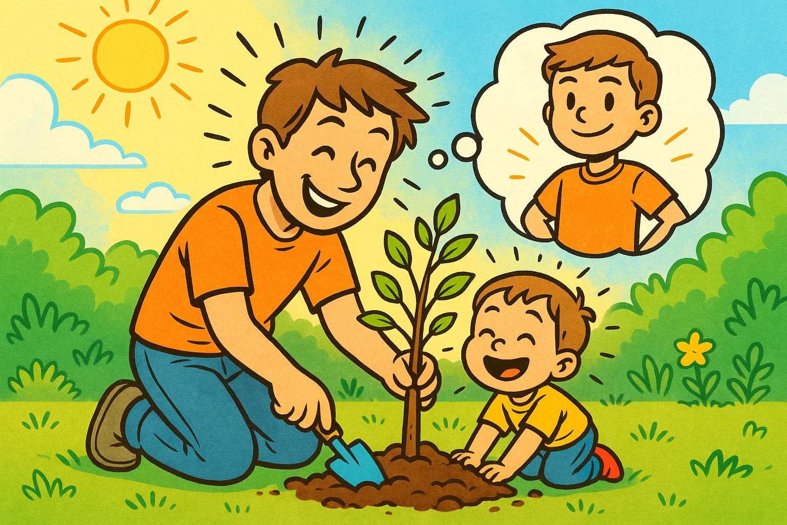 Father and child planting a tree together to teach responsibility in a sunny garden.
