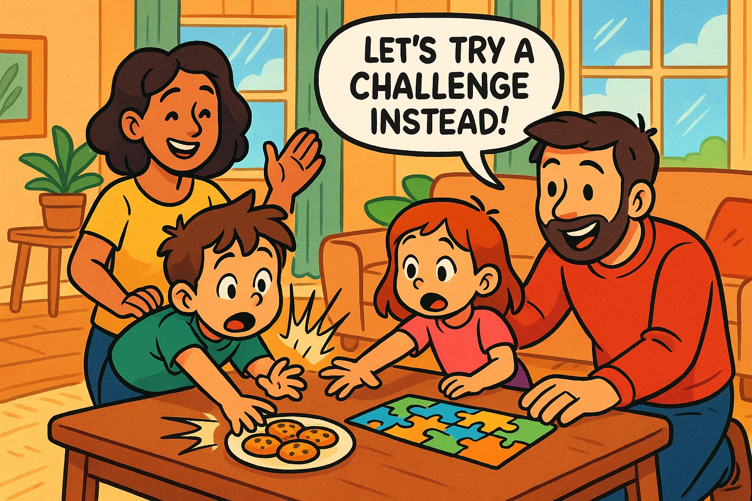 Cartoon parents helping kids build self control and discipline with fun activities. Cartoon parents helping kids build self control and discipline with fun activities.