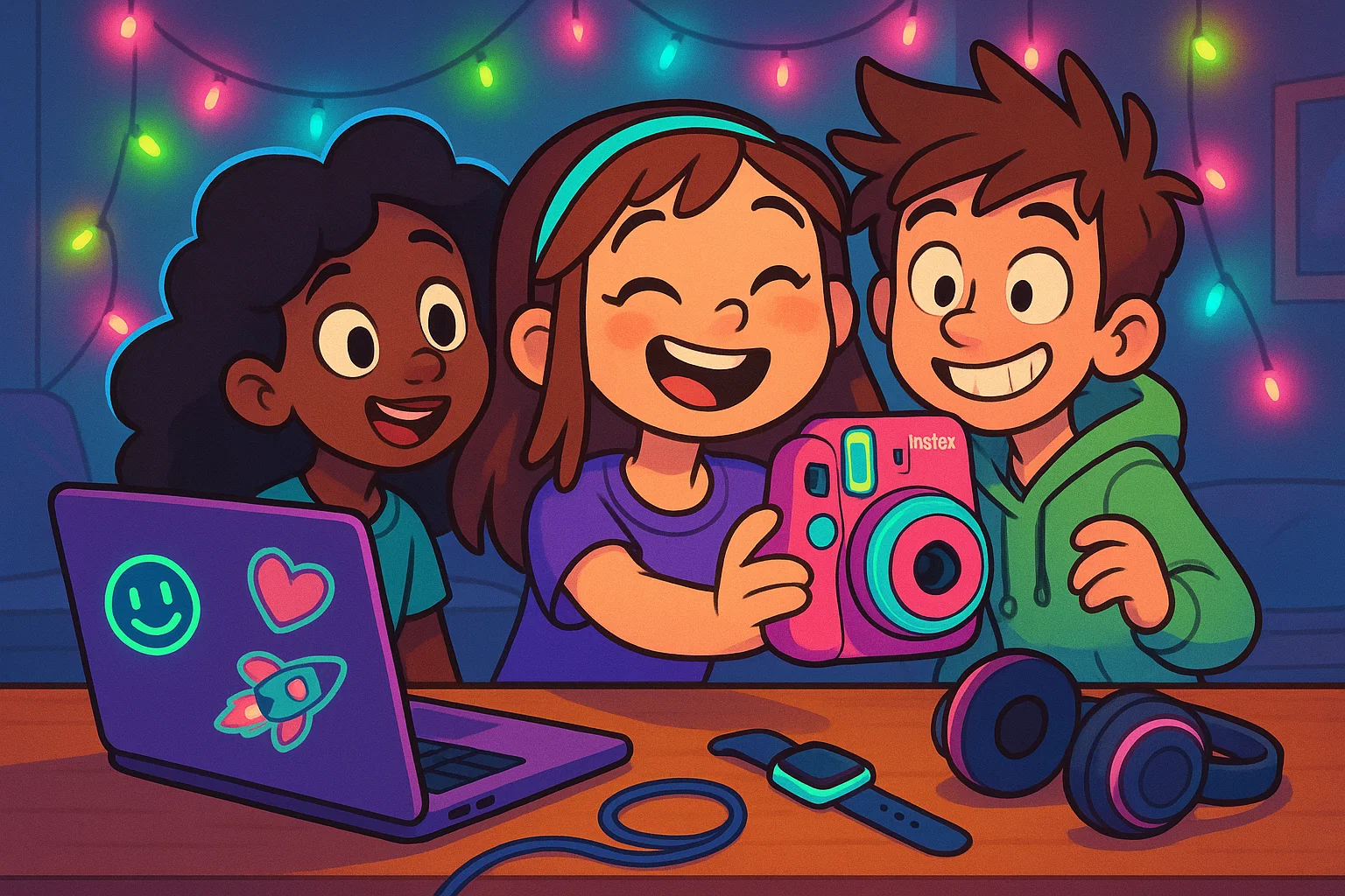 Girls and boy with instant camera, headphones, smartwatch, and LED lights. Girls and boy with instant camera, headphones, smartwatch, and LED lights.