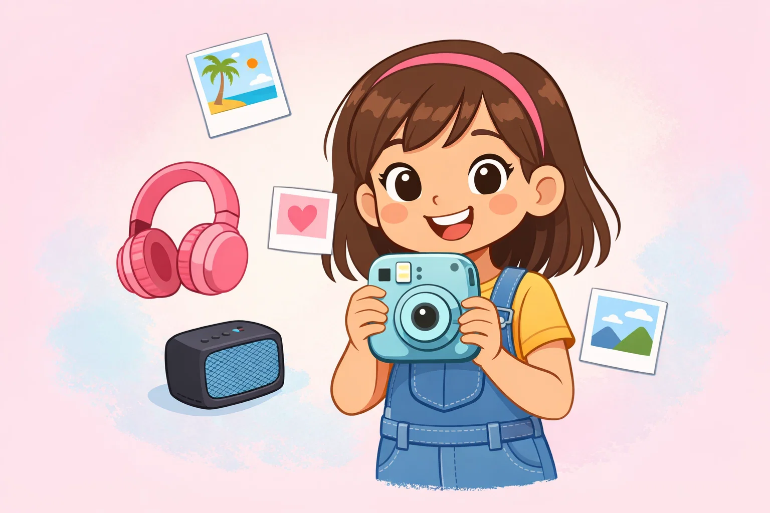 Tech and instant camera gifts for tweens with photos, headphones, and speaker.