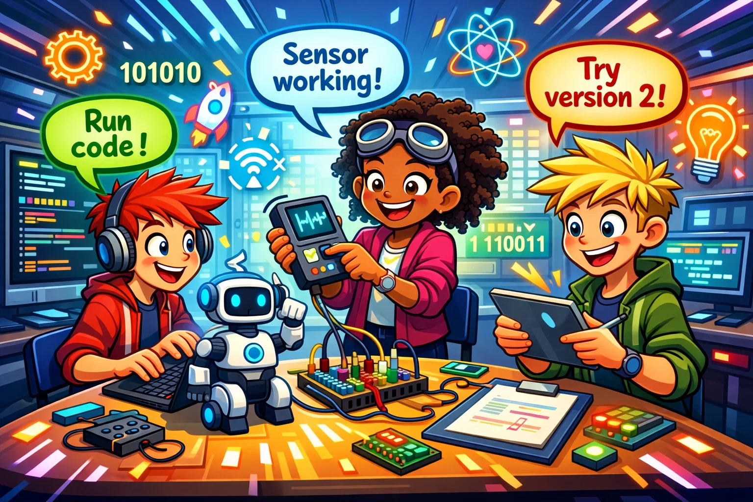 Teens engaging in technology STEM activities like programming robots and testing devices.
