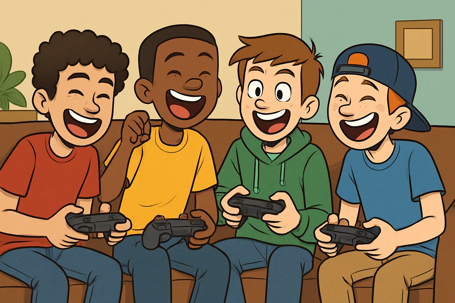 Group of teen boys in cartoon playing and bonding.