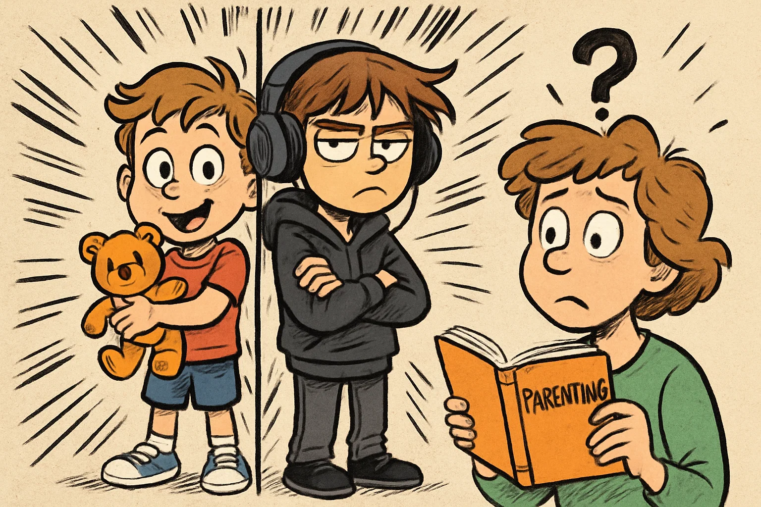 Cartoon showing contrast between childhood and teen phase with a confused parent.