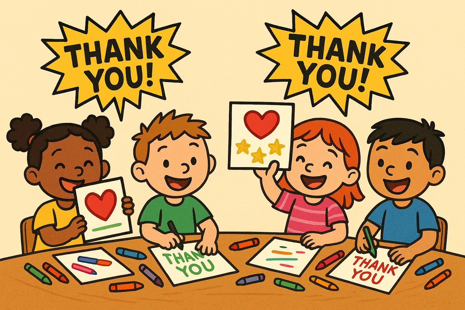 Children creating thank you notes and drawings to spread kindness.
