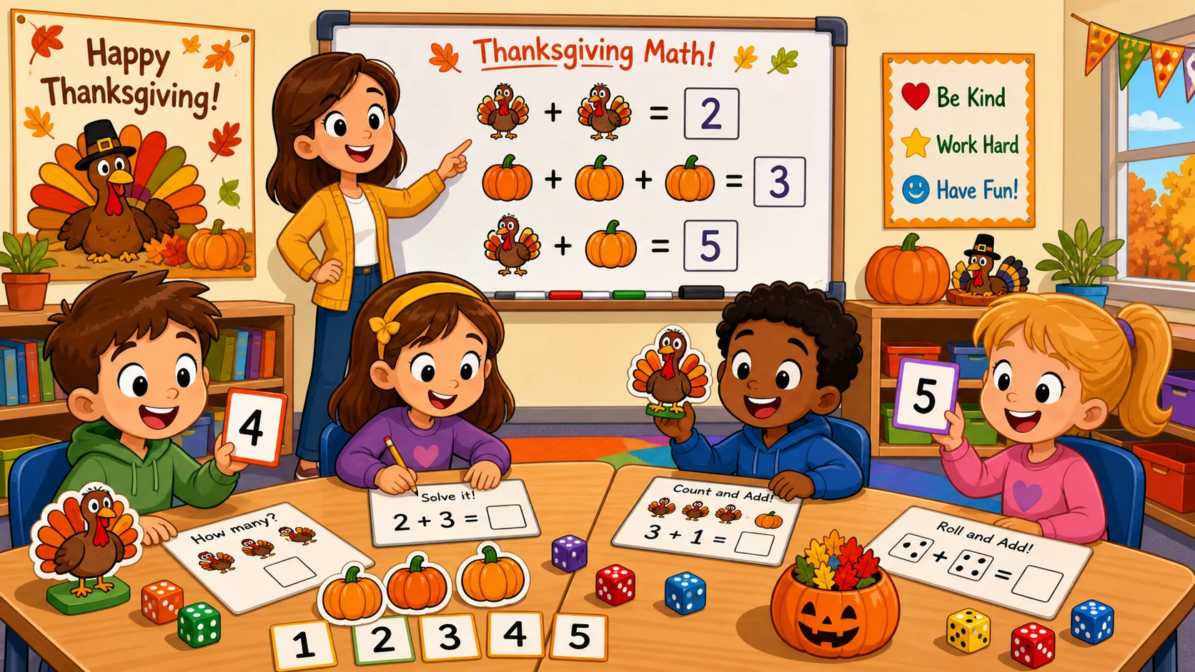 Thanksgiving math activities in classroom with students counting turkeys.