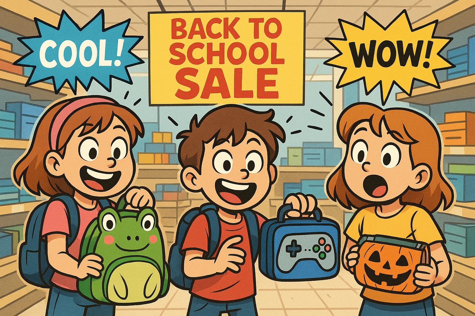Kids at back to school sale holding themed gifts.