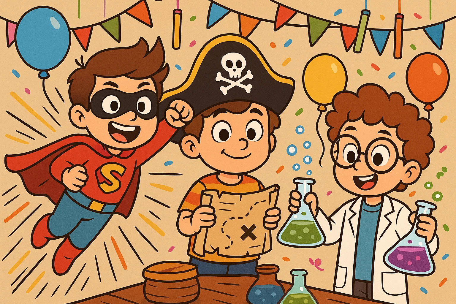  Themed birthday party ideas for boys with superhero costume, pirate treasure map, and science experiments.
