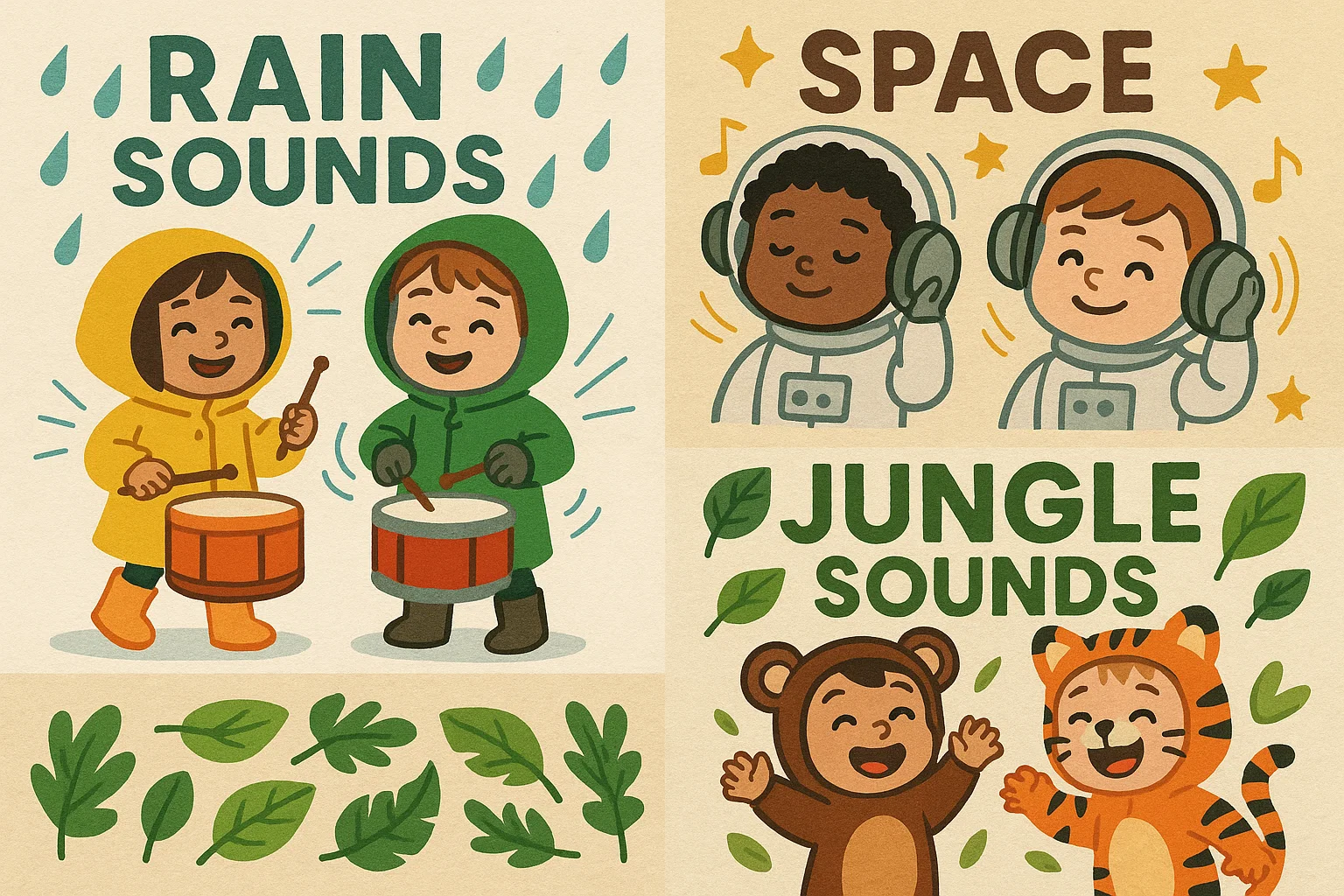 Cartoon kids enjoying themed music activities about space, rain and jungle. Cartoon kids enjoying themed music activities about space, rain and jungle.