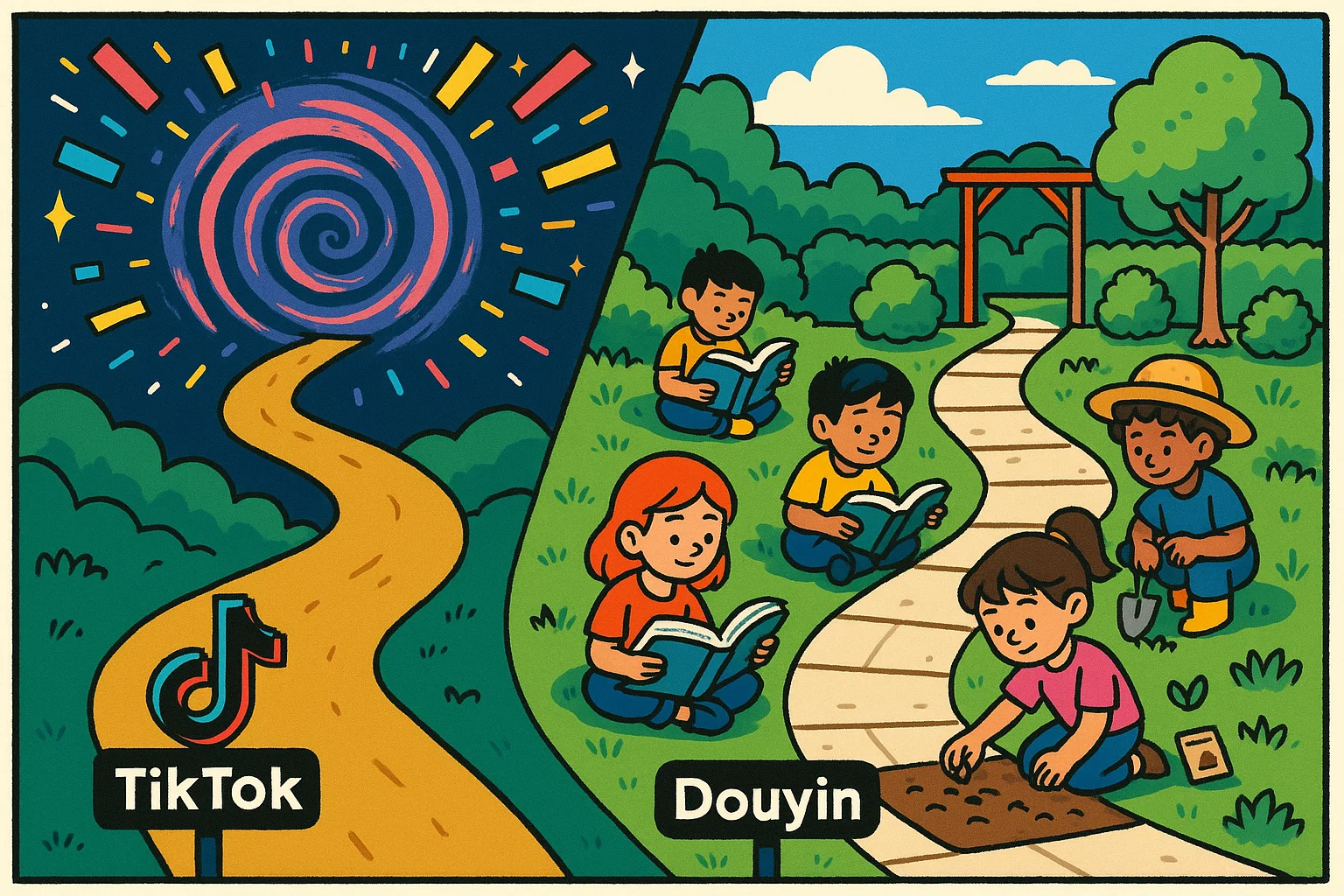 Cartoon of two paths, one chaotic and one serene, representing the different content and environments of TikTok and Douyin. Cartoon of two paths, one chaotic and one serene, representing the different content and environments of TikTok and Douyin.