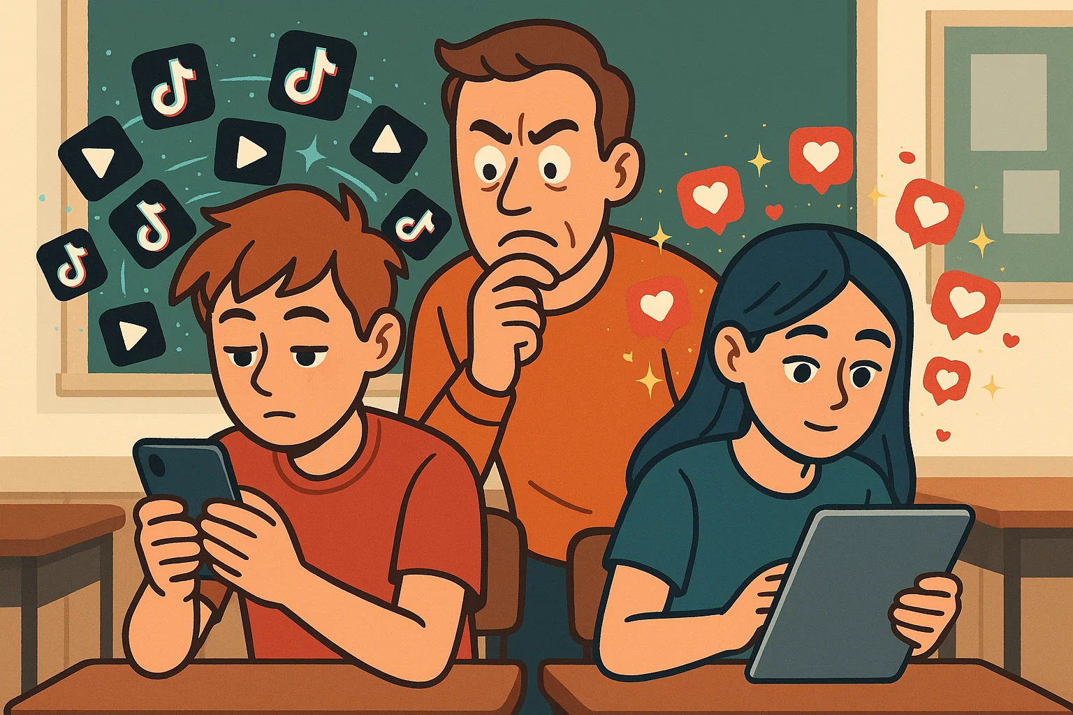 A cartoon showing a parent looking at two teens on phones, one with TikTok icons and the other with Instagram logos. A cartoon showing a parent looking at two teens on phones, one with TikTok icons and the other with Instagram logos.