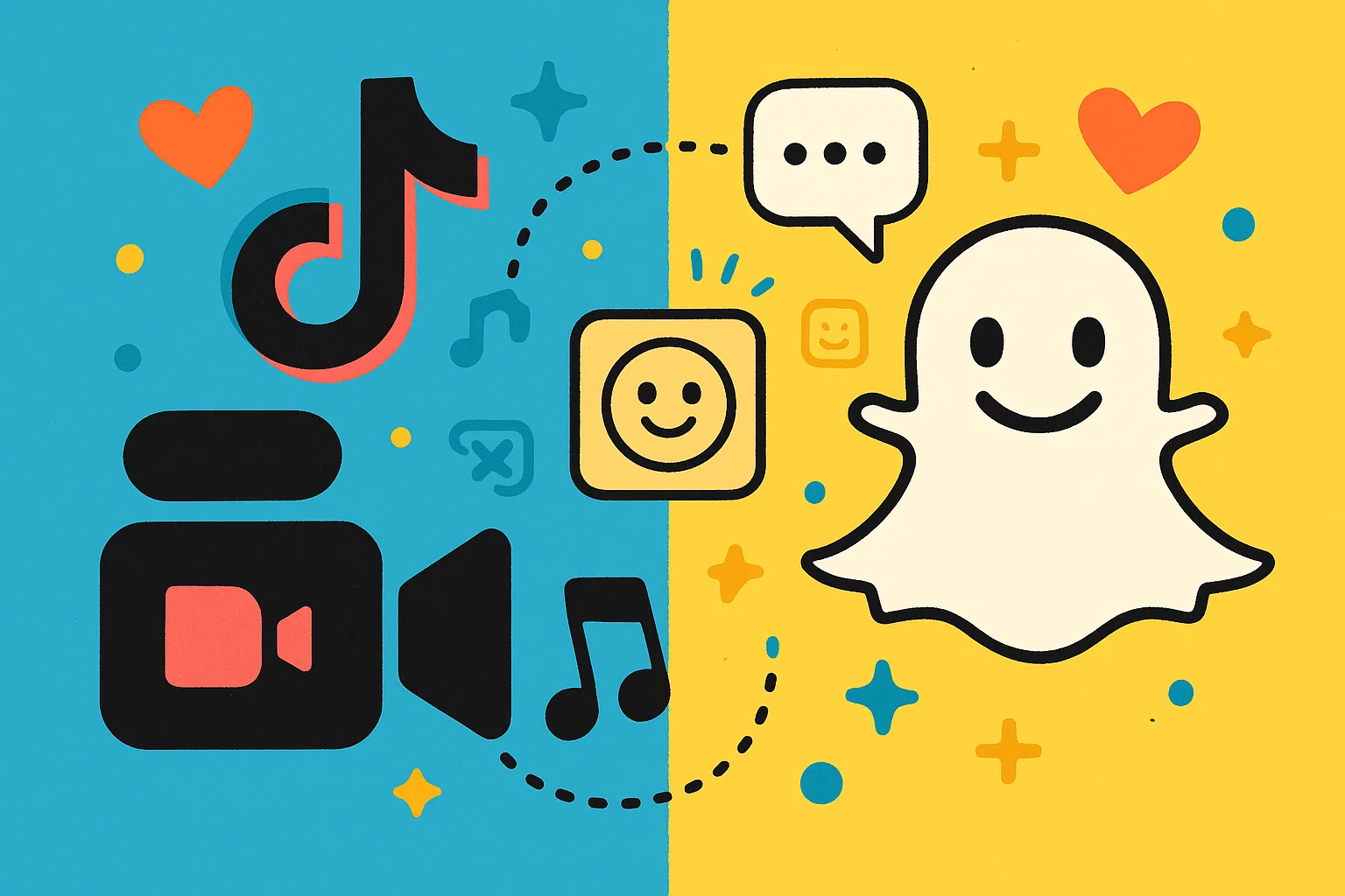 A cartoon illustration comparing TikTok and Snapchat apps with their respective logos and icons.