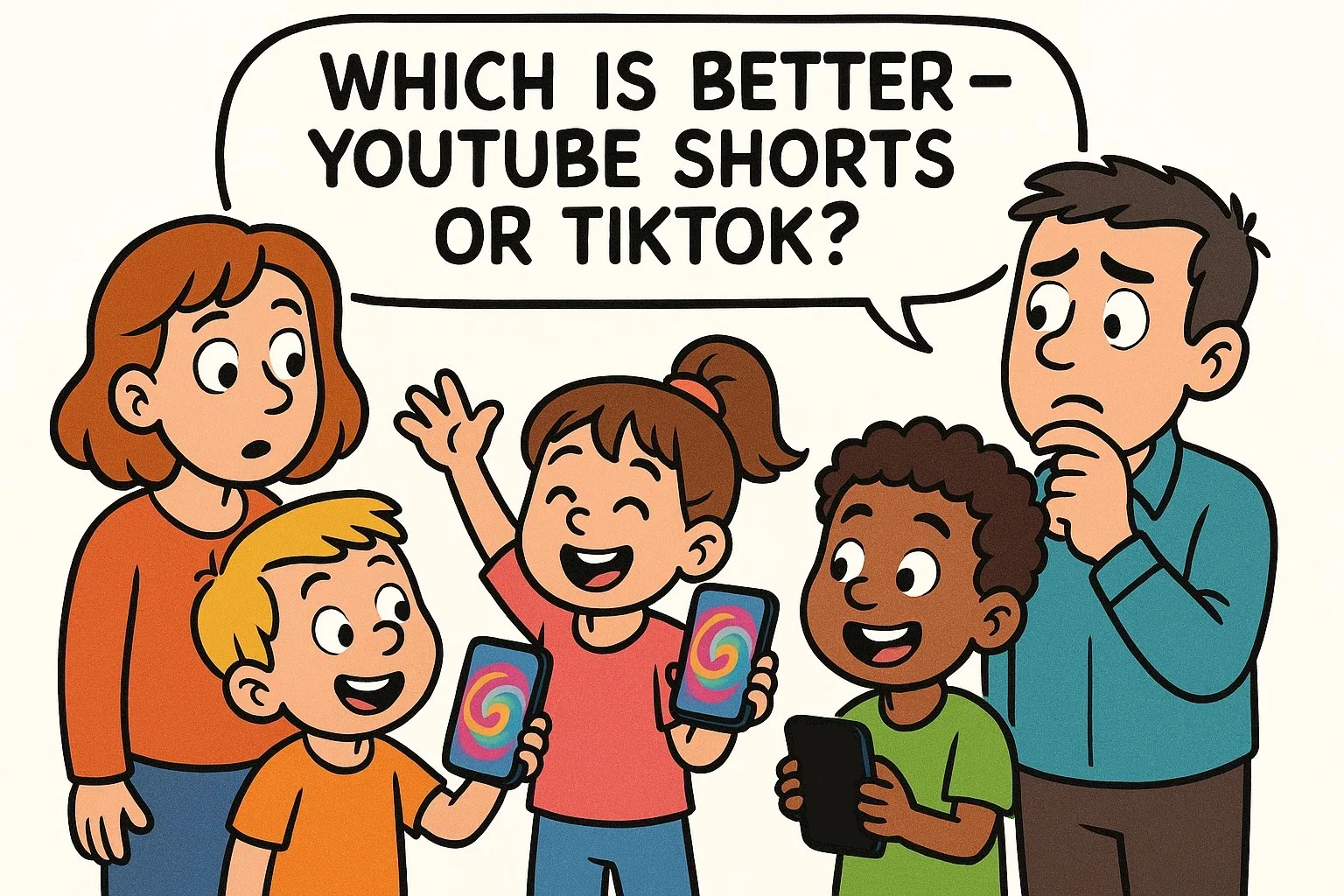 Cartoon of parents and kids looking at phones with short videos, questioning the safety of TikTok vs YouTube Shorts. Cartoon of parents and kids looking at phones with short videos, questioning the safety of TikTok vs YouTube Shorts.