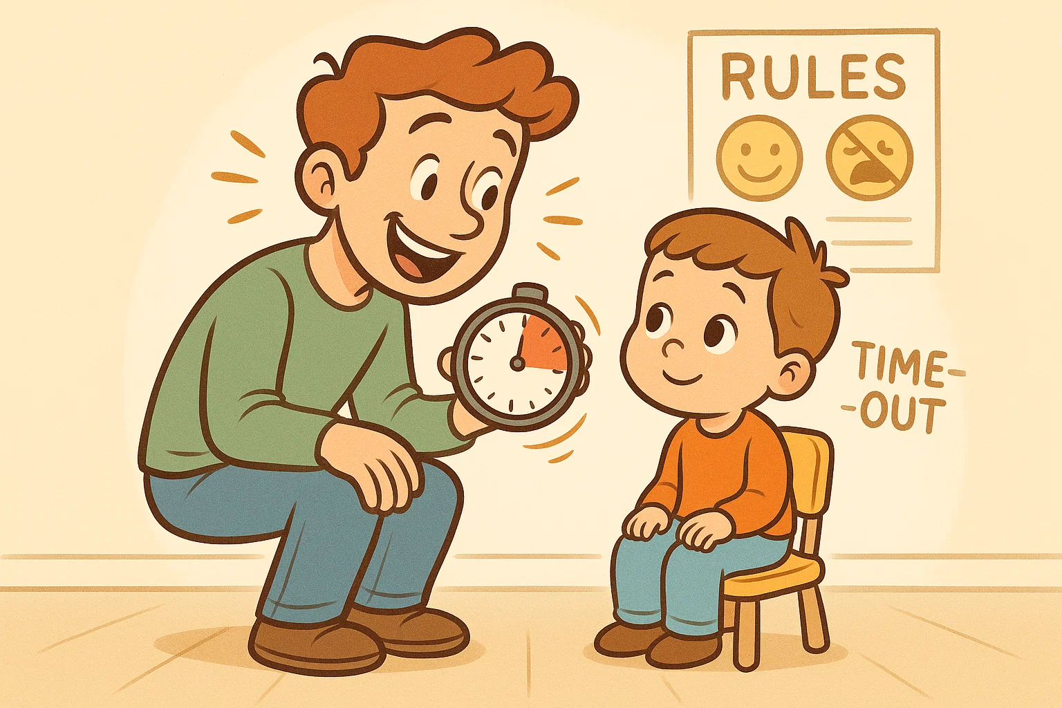  Father showing timer to child during time-out discipline in a calm setting.
