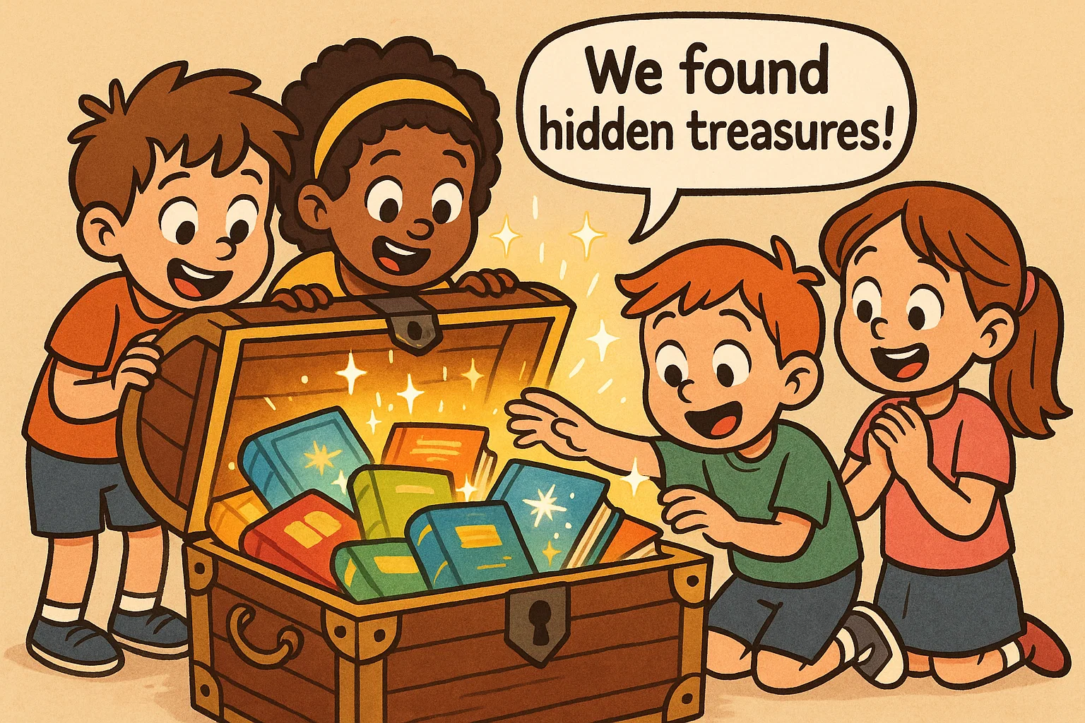 Cartoon children finding timeless classic childhood books in glowing treasure chest. Cartoon children finding timeless classic childhood books in glowing treasure chest.