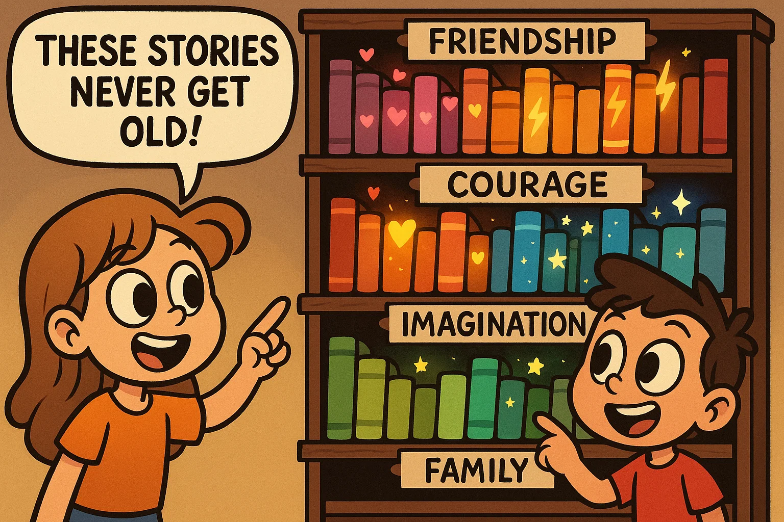 Cartoon bookshelf of timeless themes showing classic childhood books with glowing effects. Cartoon bookshelf of timeless themes showing classic childhood books with glowing effects.