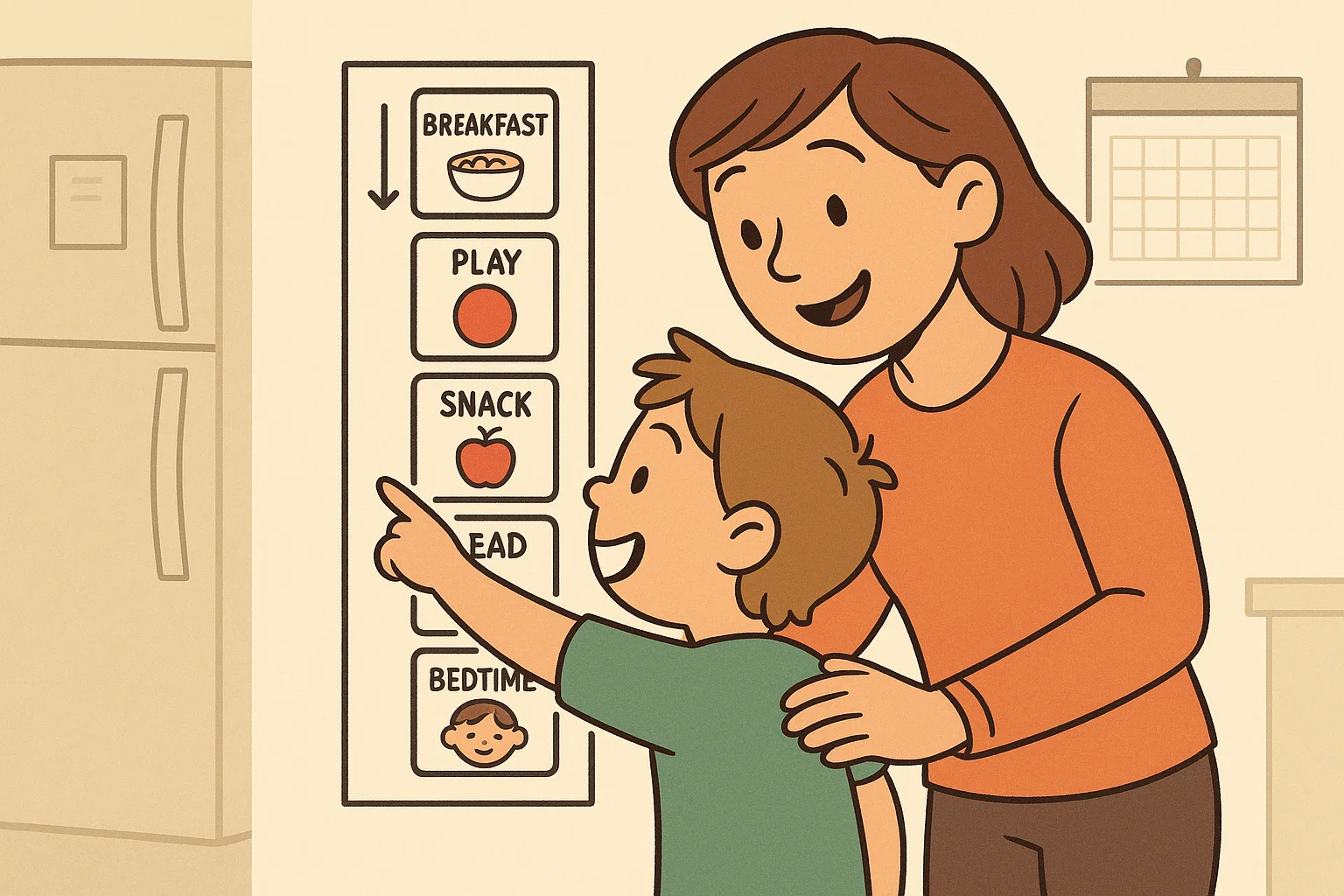 A woman and a child looking at a visual schedule of their daily activities.