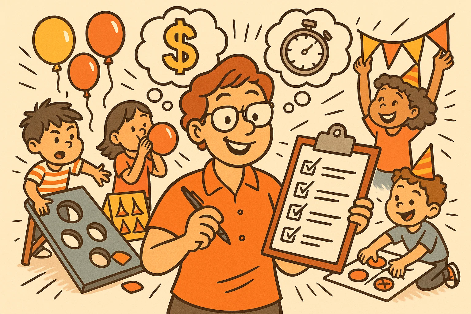 Tips for planning boy birthday party activities with parent checklist, balloons, budget and kids preparing games.
