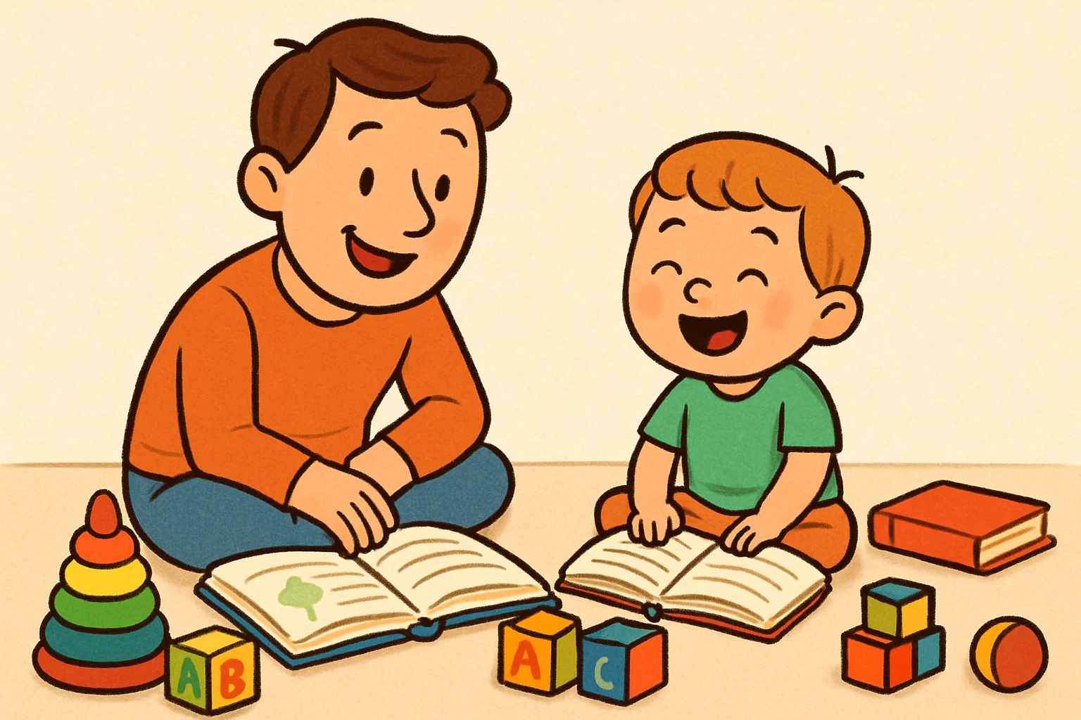 Cartoon parent and preschooler reading and playing with learning toys on the floor