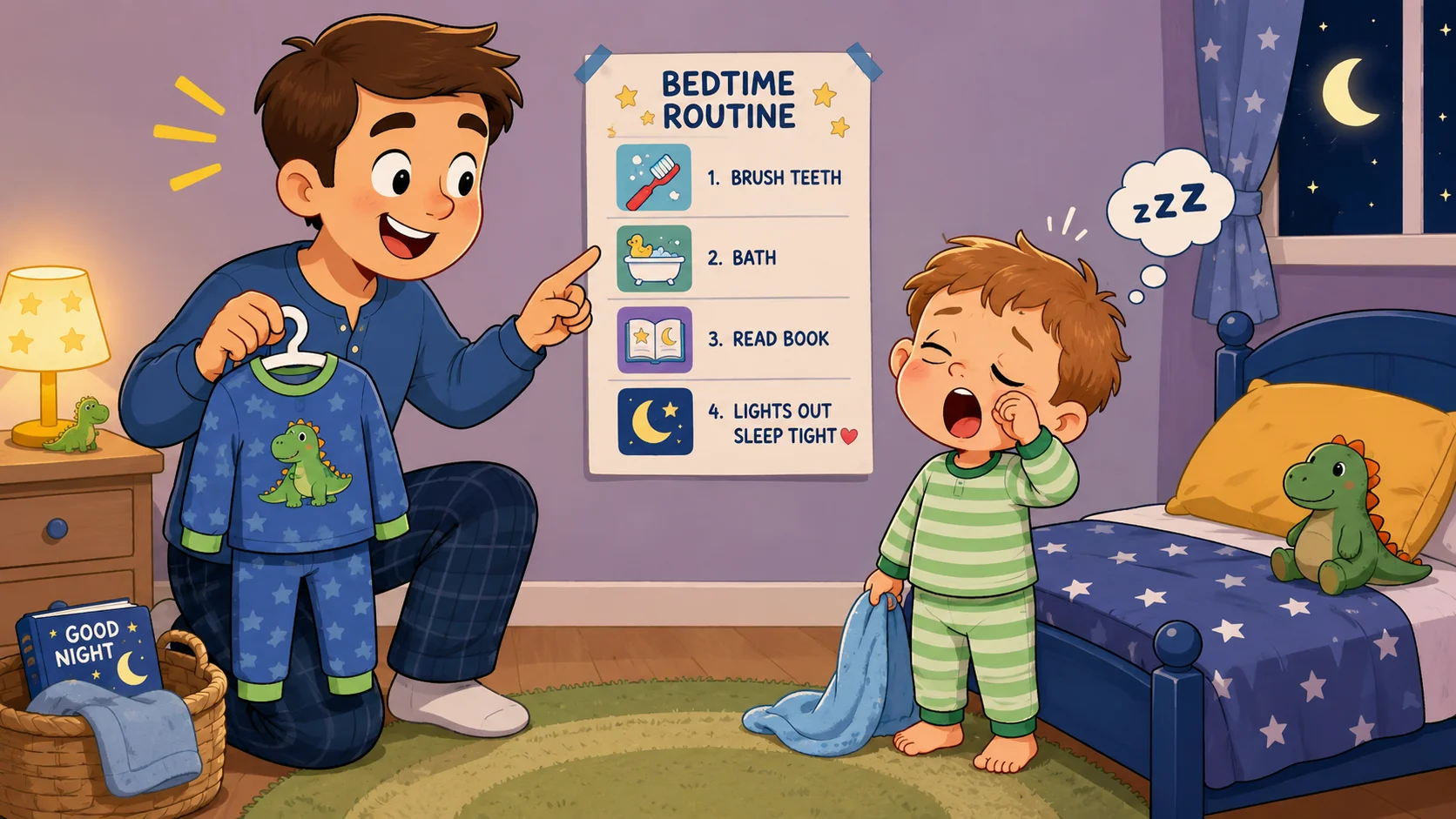 Toddler bedtime routine chart with parent helping child prepare for sleep. 
