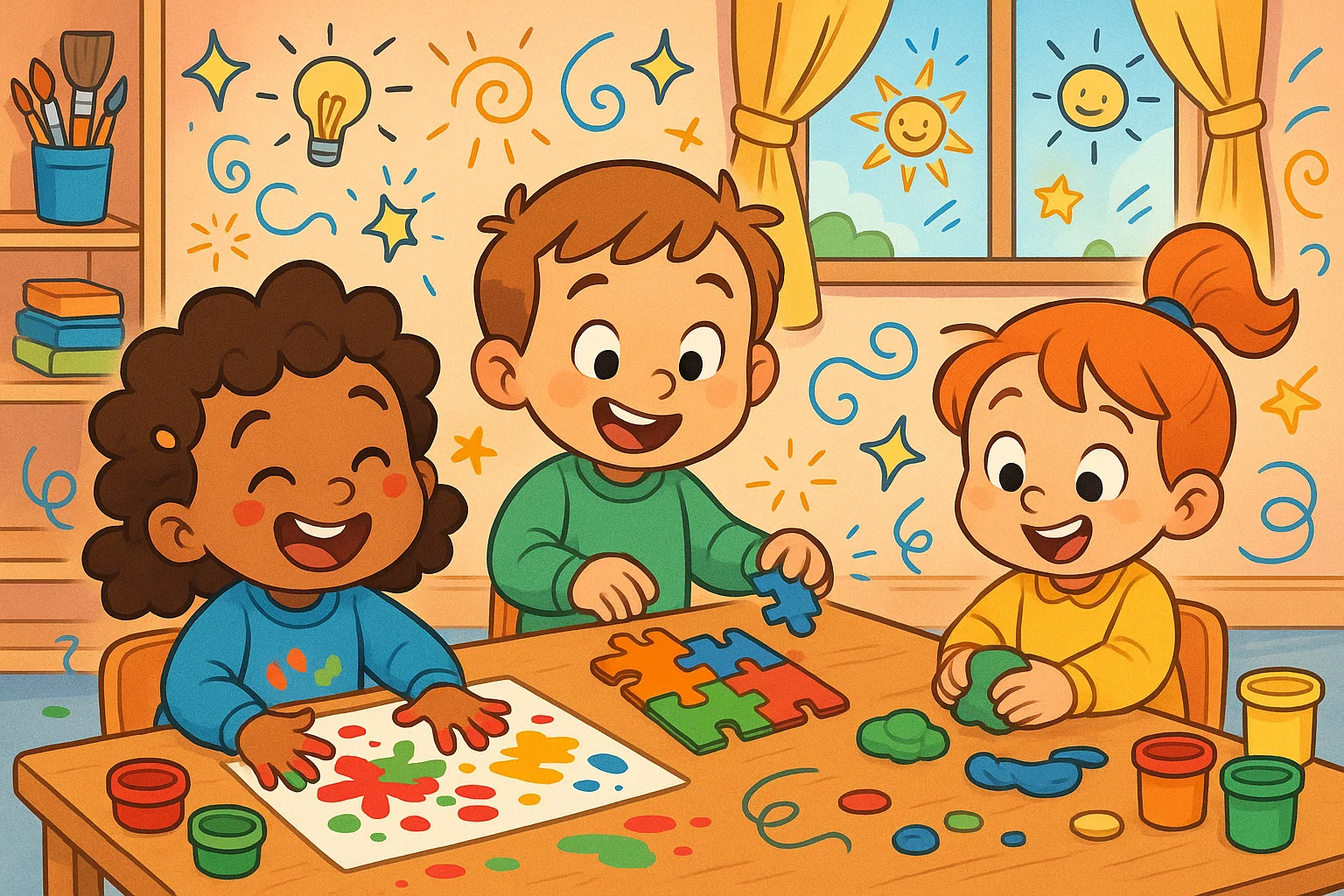 Toddlers doing creative birthday activities with crafts, puzzles and playdough indoors.  Toddlers doing creative birthday activities with crafts, puzzles and playdough indoors.