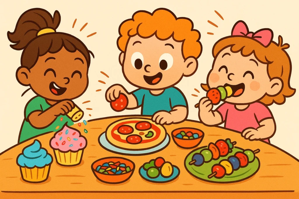 Toddlers enjoying birthday food activities