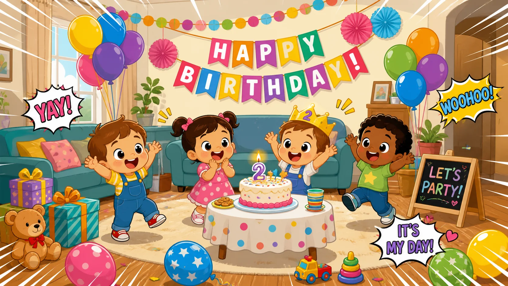 Toddler birthday party decorations at home with balloons, garlands, and cake. 