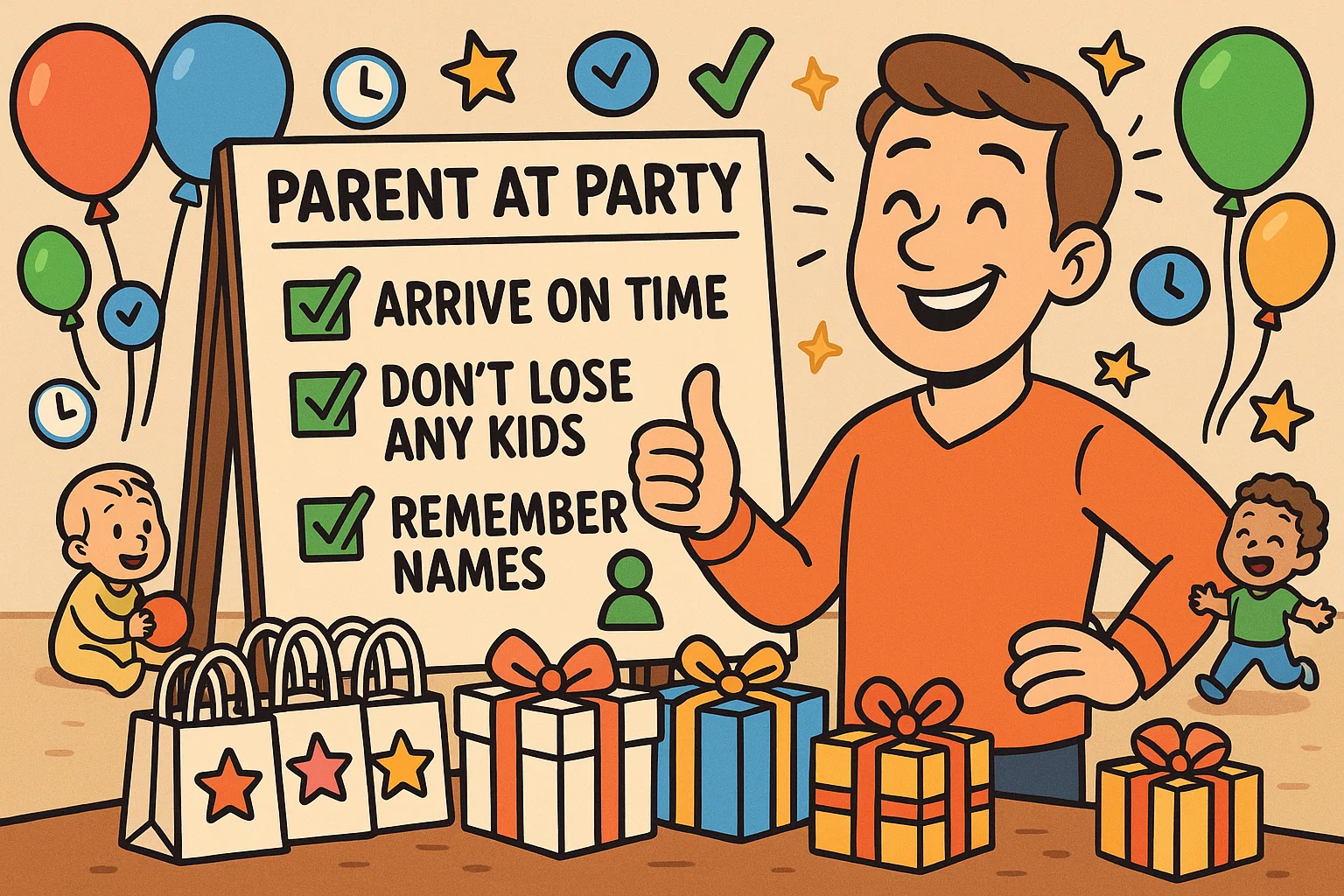 Parent with party planning checklist, gifts and balloons for toddler birthday celebration. Parent with party planning checklist, gifts and balloons for toddler birthday celebration.