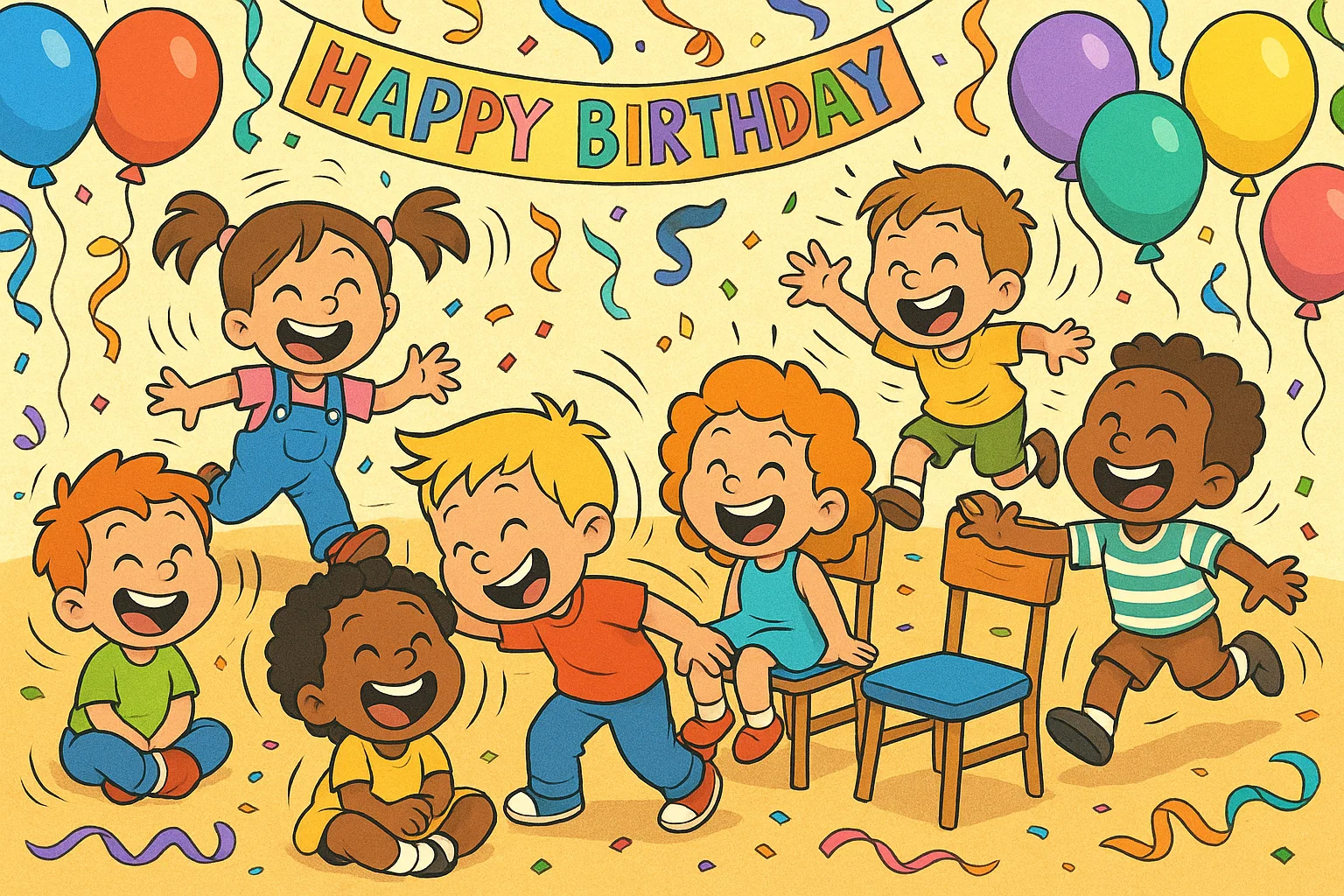 Toddlers playing musical chairs at birthday party with balloons, confetti and laughter. Toddlers playing musical chairs at birthday party with balloons, confetti and laughter.
