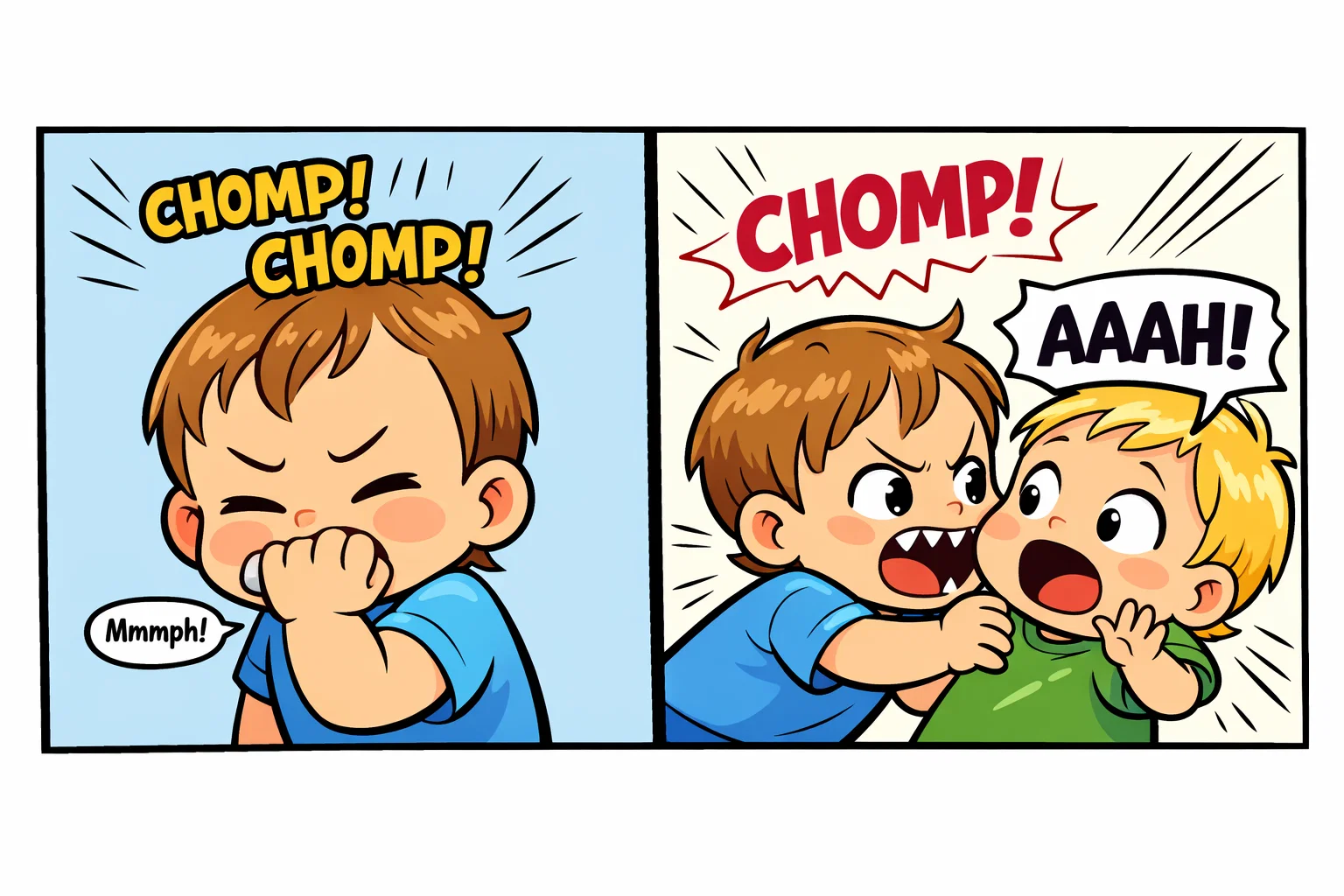 Toddler biting self vs others in two cartoon scenes.
