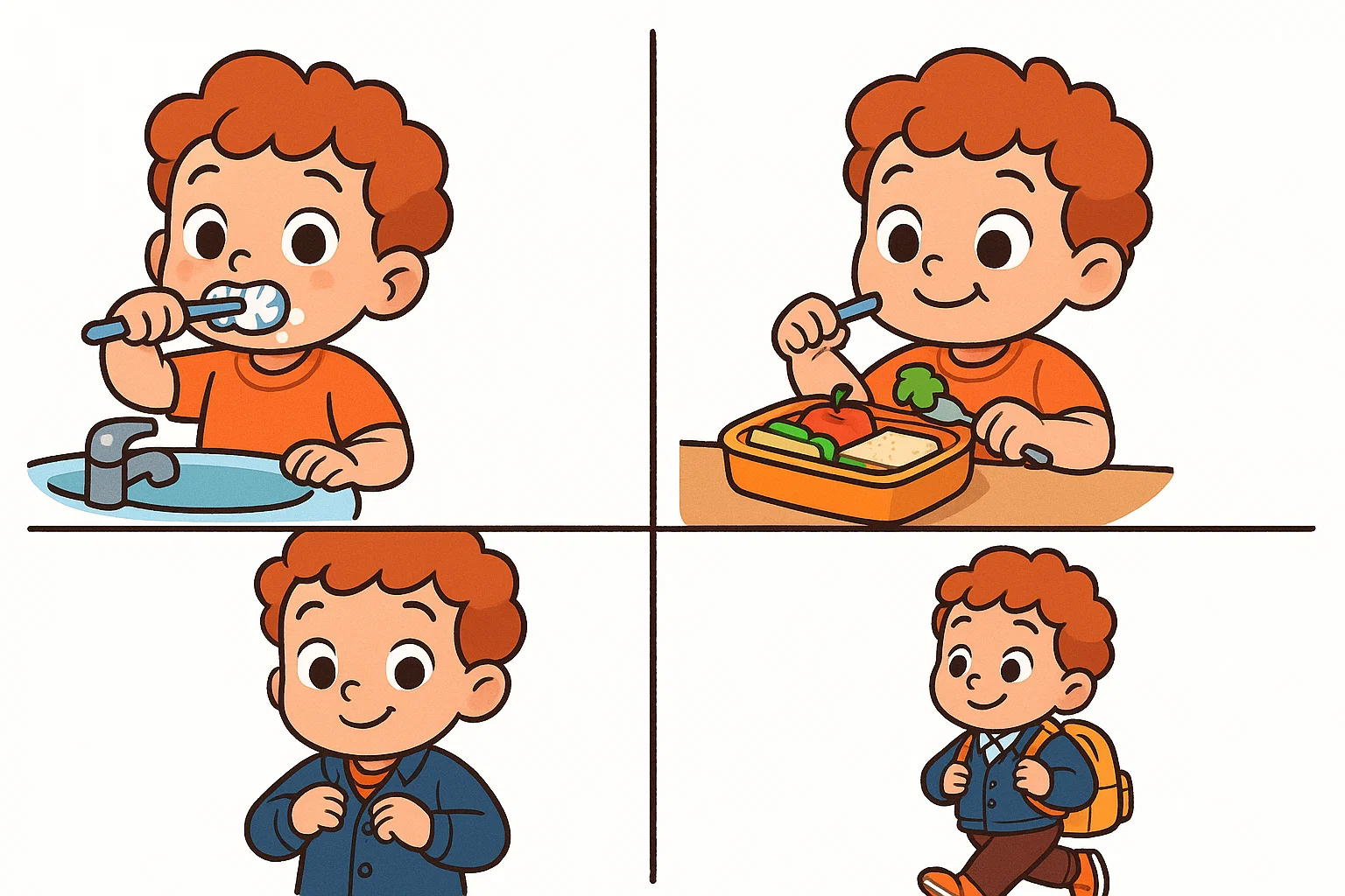 Toddler practising brushing teeth, eating from lunchbox, dressing in school uniform and carrying backpack. Toddler practising brushing teeth, eating from lunchbox, dressing in school uniform and carrying backpack.