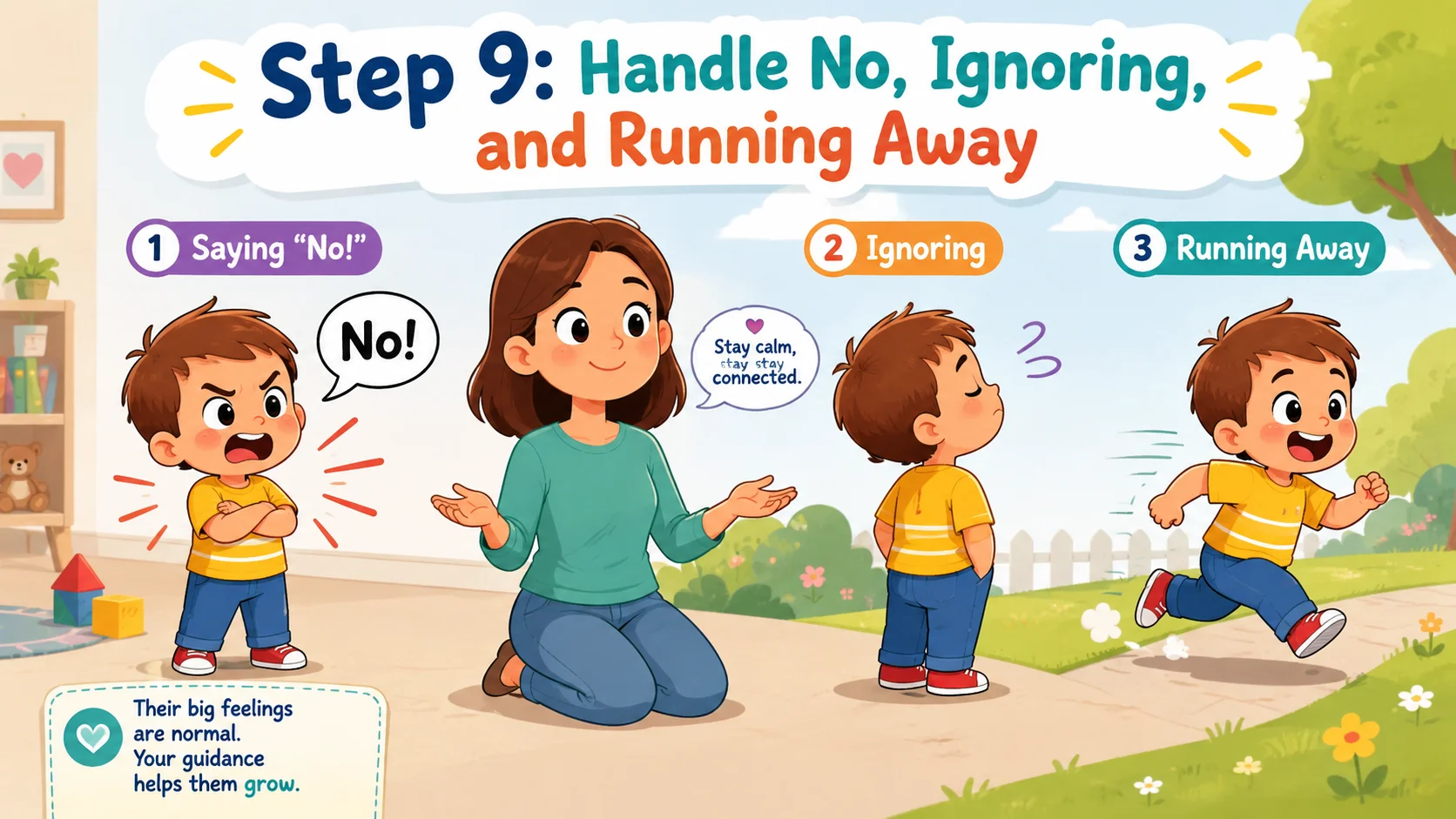 Toddler listening tips for no, ignoring, and running away. 
