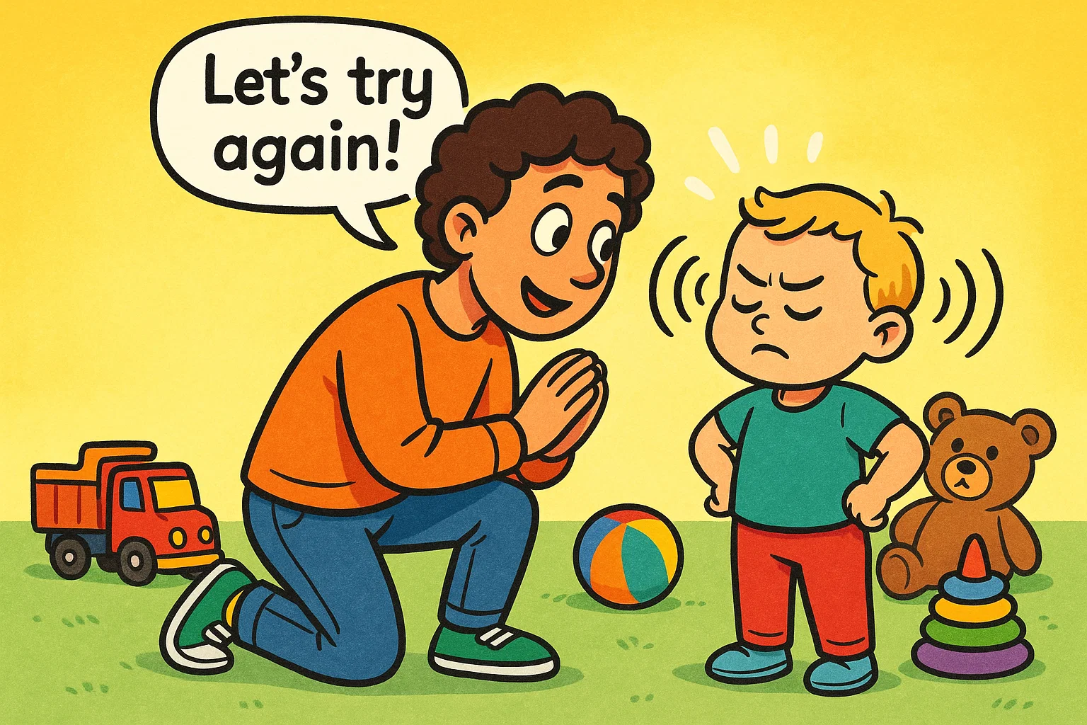 Parent using positive phrases to guide toddler who is not listening in cartoon style. Parent using positive phrases to guide toddler who is not listening in cartoon style.