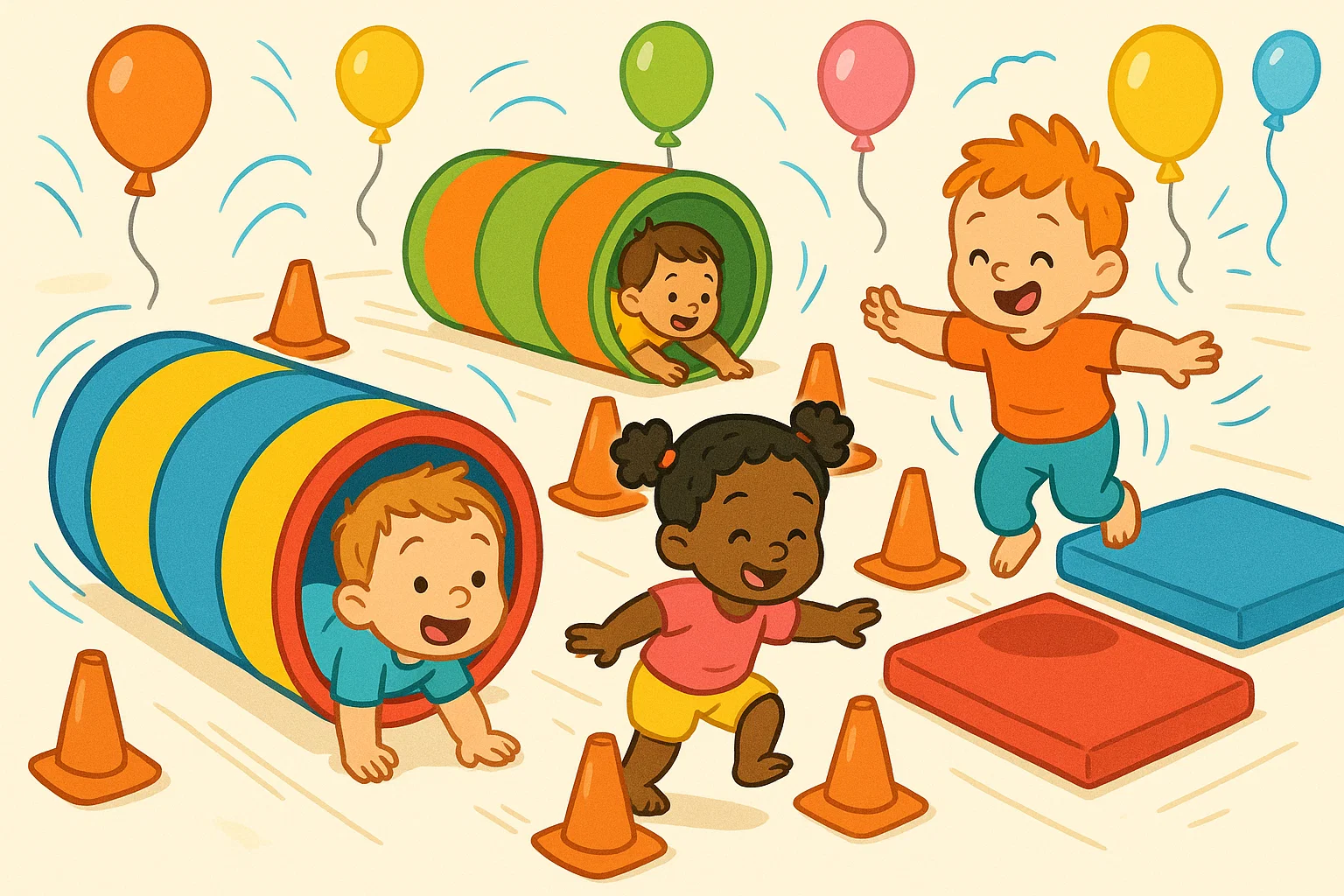 Obstacle course with tunnels and cones set up for toddler party.
