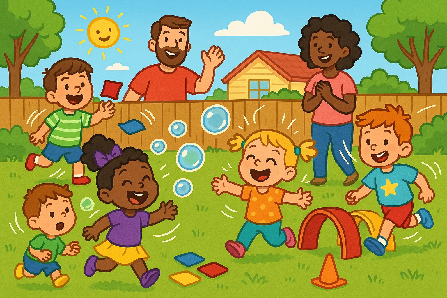 Toddlers playing outdoor birthday activities with bubbles, bean bags and obstacle course. Toddlers playing outdoor birthday activities with bubbles, bean bags and obstacle course.