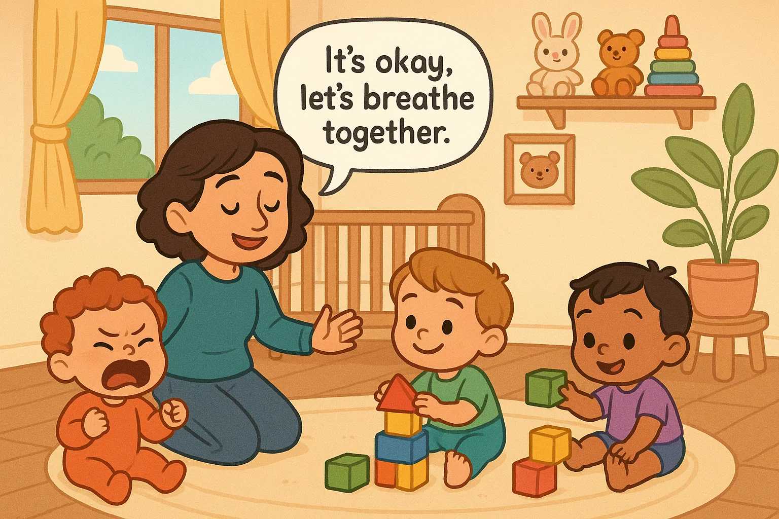 Cartoon parent supporting toddler self control and emotional regulation through play.
