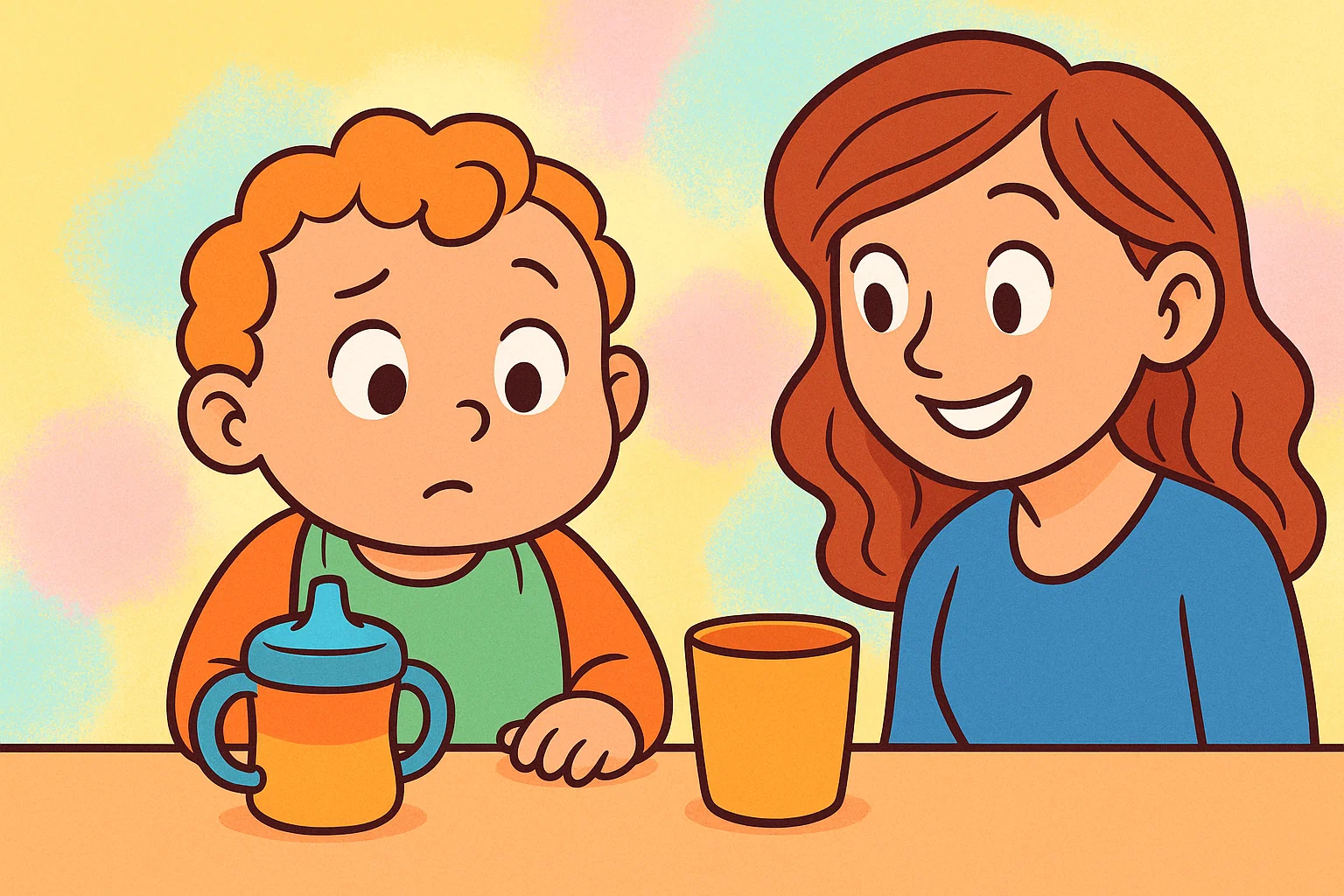 Toddler sitting at table choosing between sippy cup and open cup with parent nearby. Toddler sitting at table choosing between sippy cup and open cup with parent nearby.