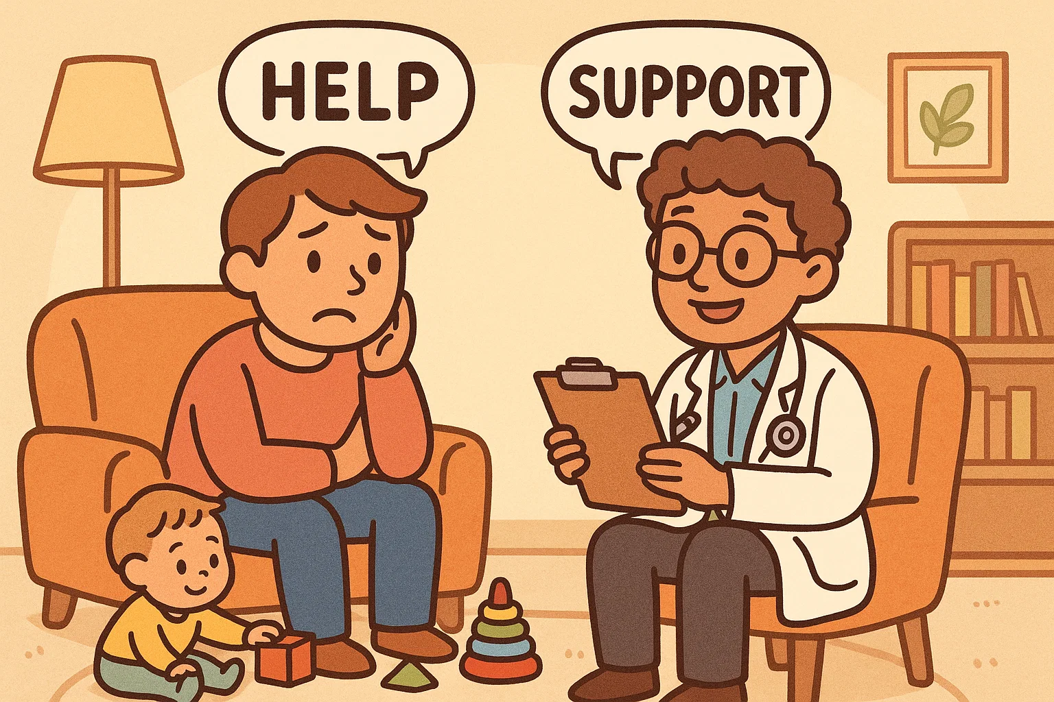 Parent seeking support from expert about toddler not listening in cartoon scene.
