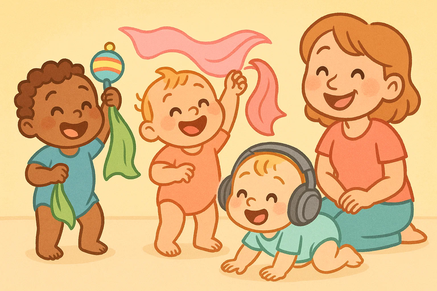 Cartoon toddlers exploring music with rattles, scarves and big happy smiles. Cartoon toddlers exploring music with rattles, scarves and big happy smiles.
