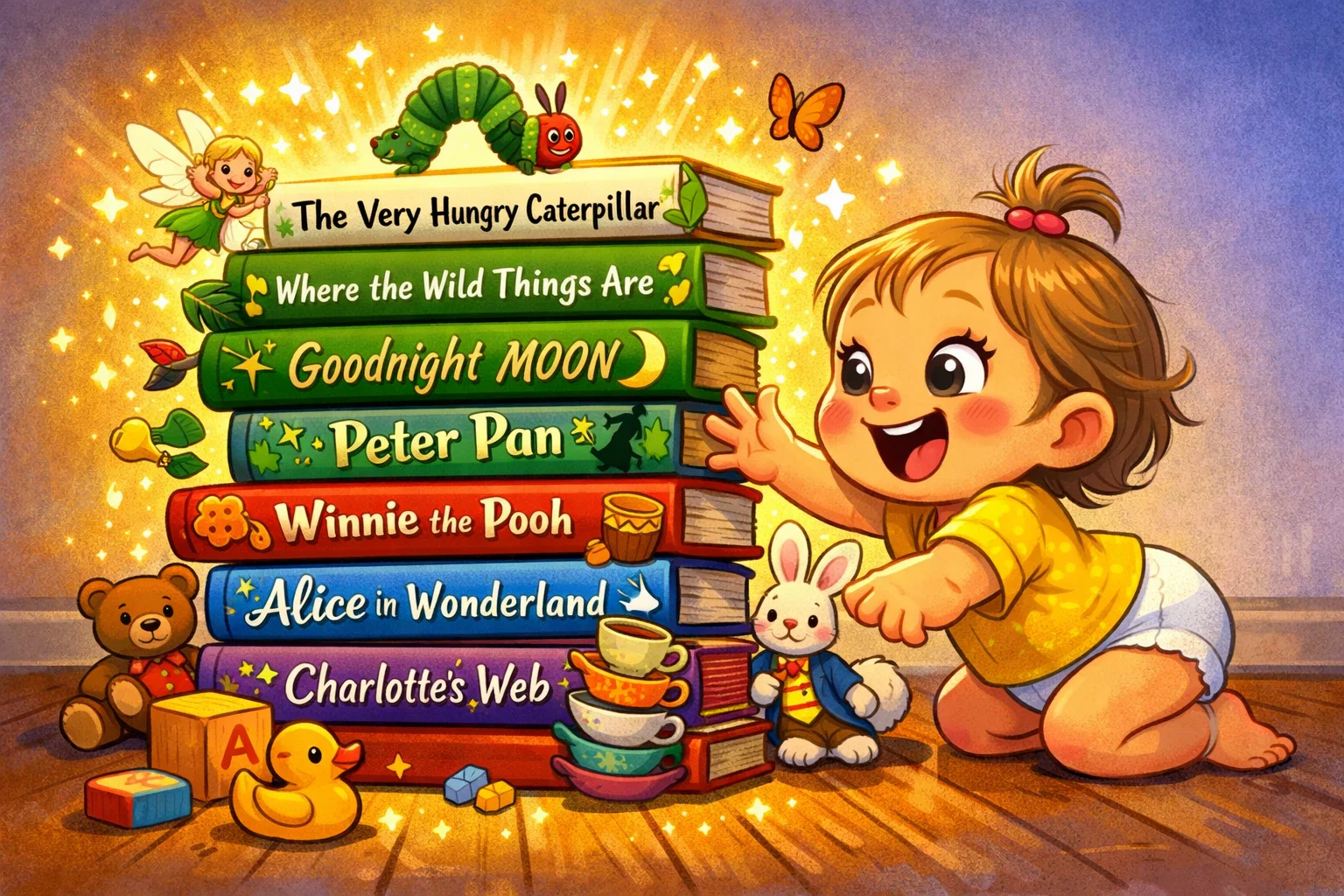 Top essential classic childrens books with toddler choosing favorite stories. 
