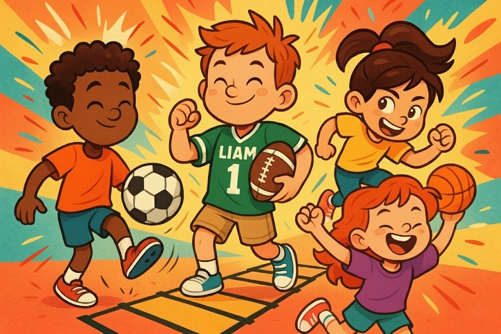 A cartoon of young, diverse athletes using various gifts like a personalized jersey, a football, and an agility ladder.