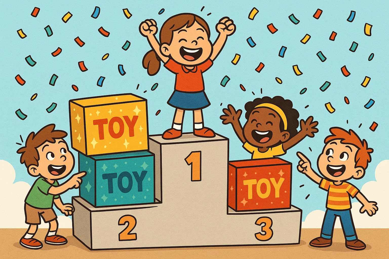 Cartoon top gifts for kids under 10 with toys on a podium. Cartoon top gifts for kids under 10 with toys on a podium.