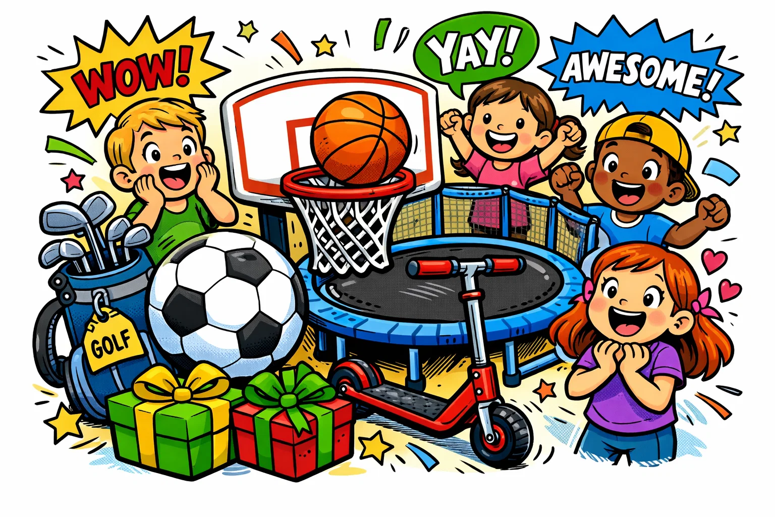 Colorful cartoon of popular sports gifts like soccer balls, basketball hoops, and scooters for kids.