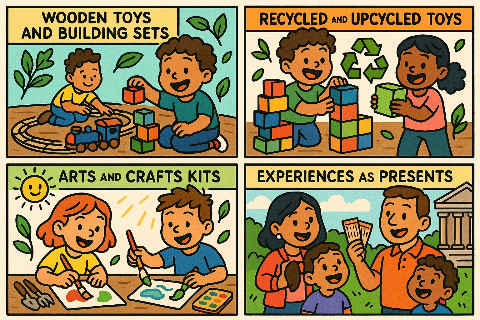Image showing top sustainable gift ideas for kids with toys, crafts, outdoor and experience gifts. Image showing top sustainable gift ideas for kids with toys, crafts, outdoor and experience gifts.