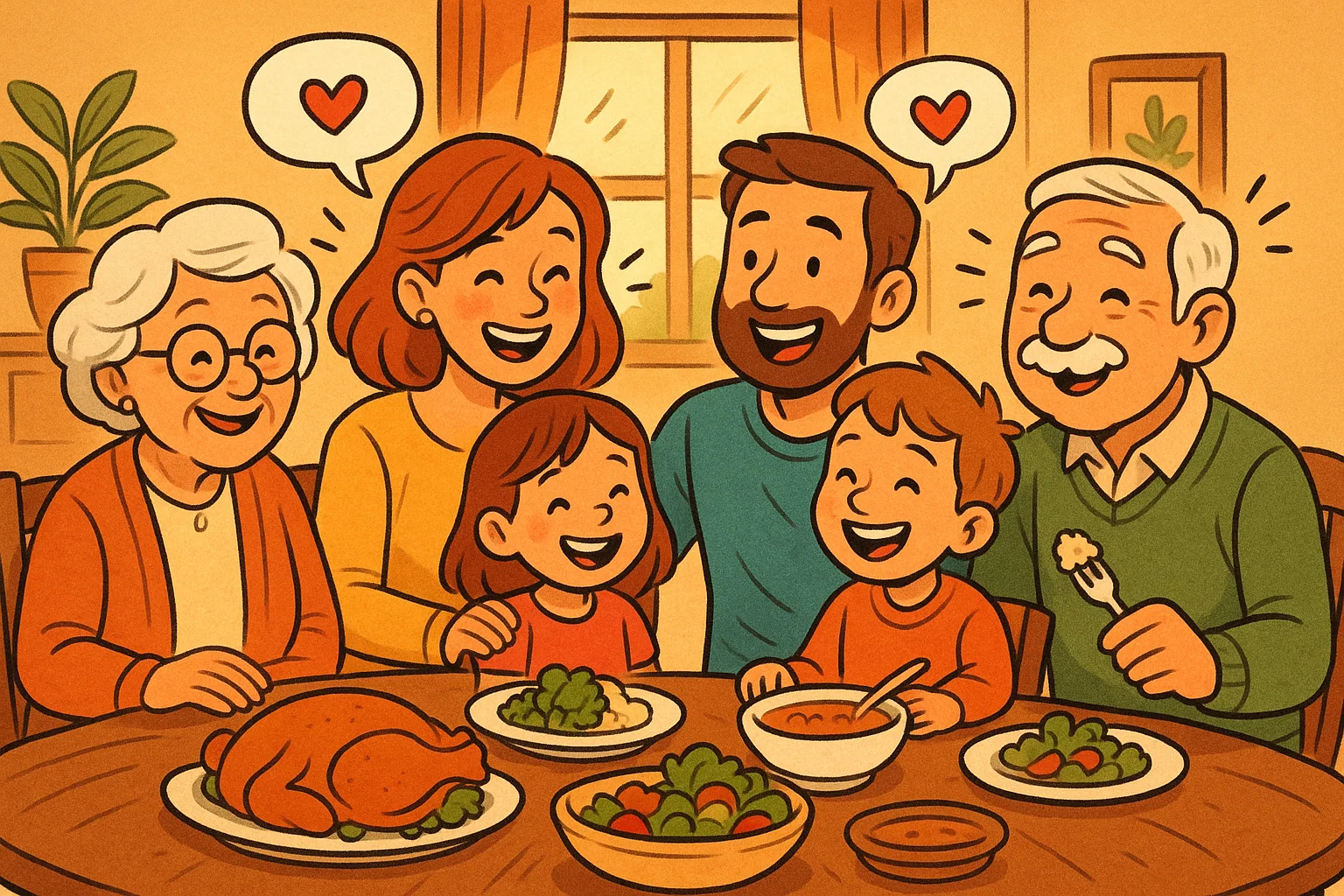 Cartoon family at dining table showing traditional family values. Cartoon family at dining table showing traditional family values.