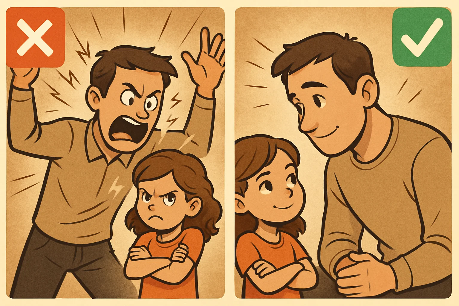 Cartoon why traditional methods fail with angry parent versus calm parenting success. Cartoon why traditional methods fail with angry parent versus calm parenting success.