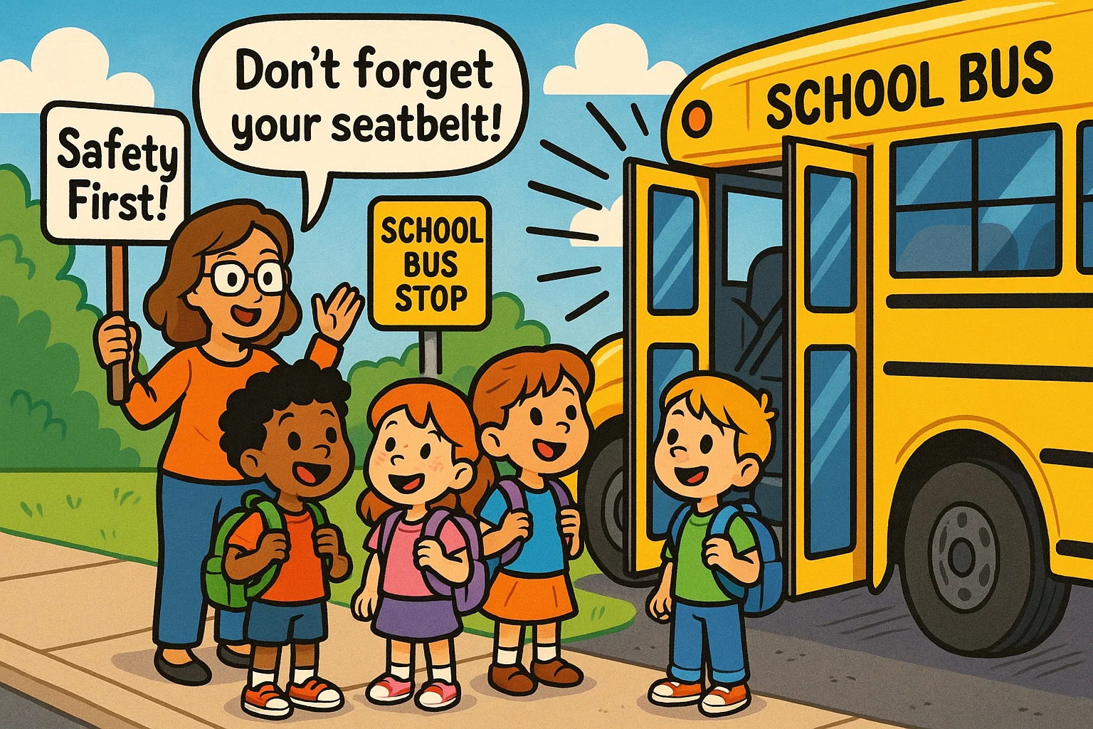 Children at school bus stop following transportation and safety checklist. Children at school bus stop following transportation and safety checklist.