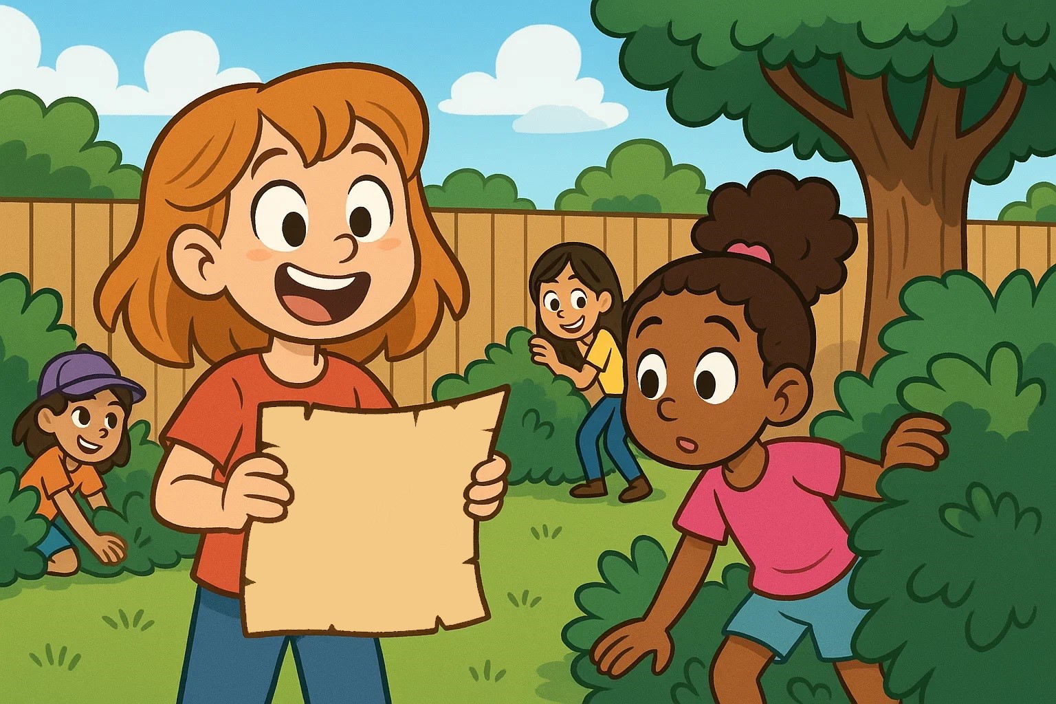A cartoon illustration of a group of girls going on a treasure hunt at a birthday party. A cartoon illustration of a group of girls going on a treasure hunt at a birthday party.