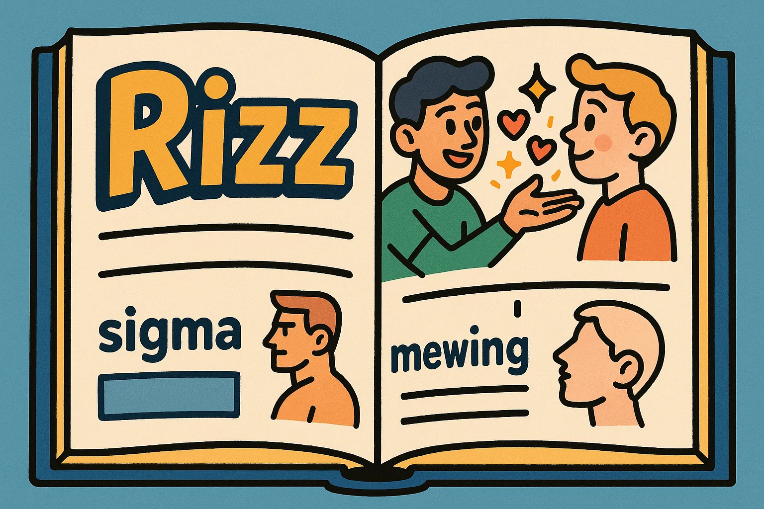 A cartoon of an open dictionary, showing playful illustrations that define various slang words.