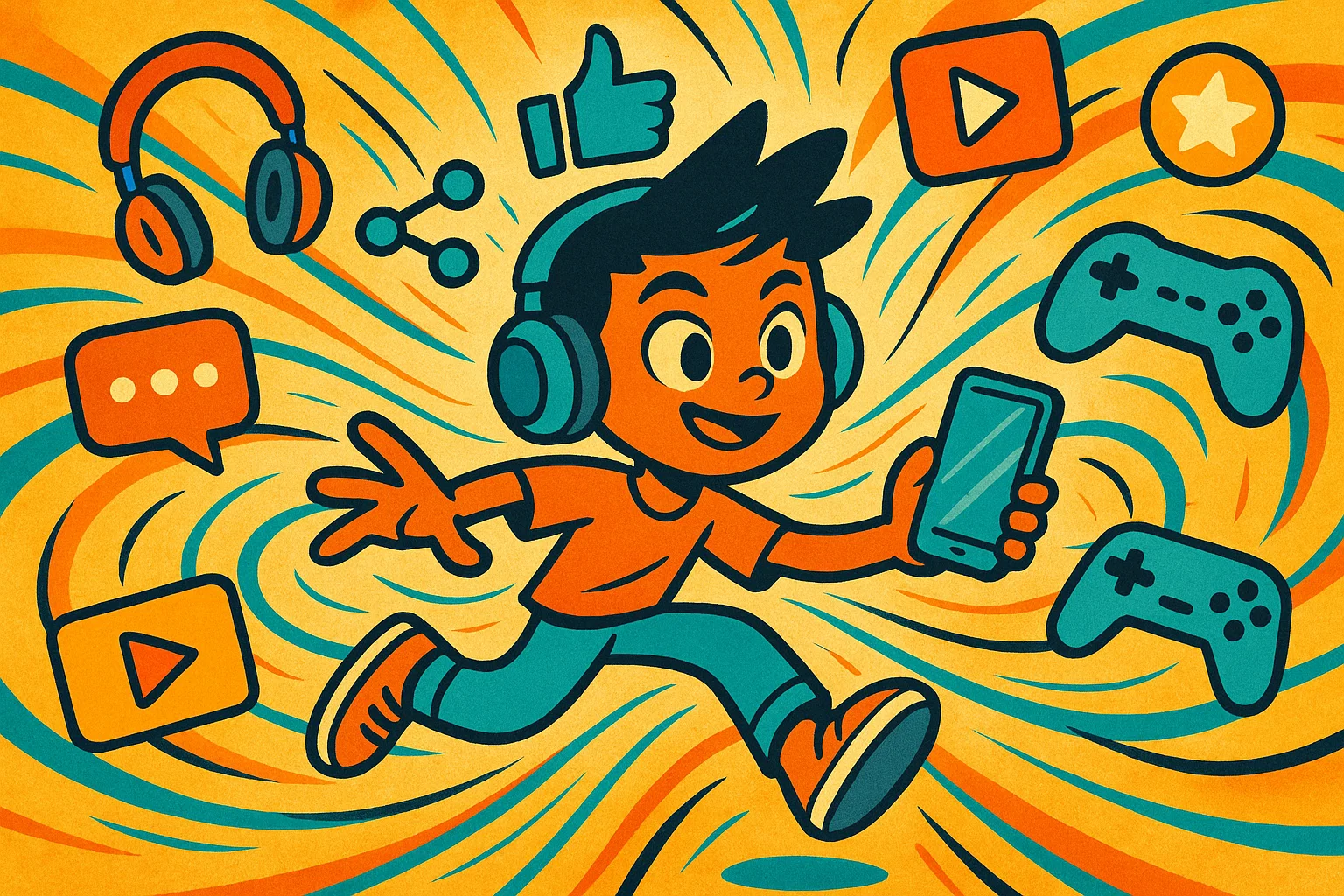 A cartoon of a stylized brain with digital symbols and icons related to Gen Alpha culture.